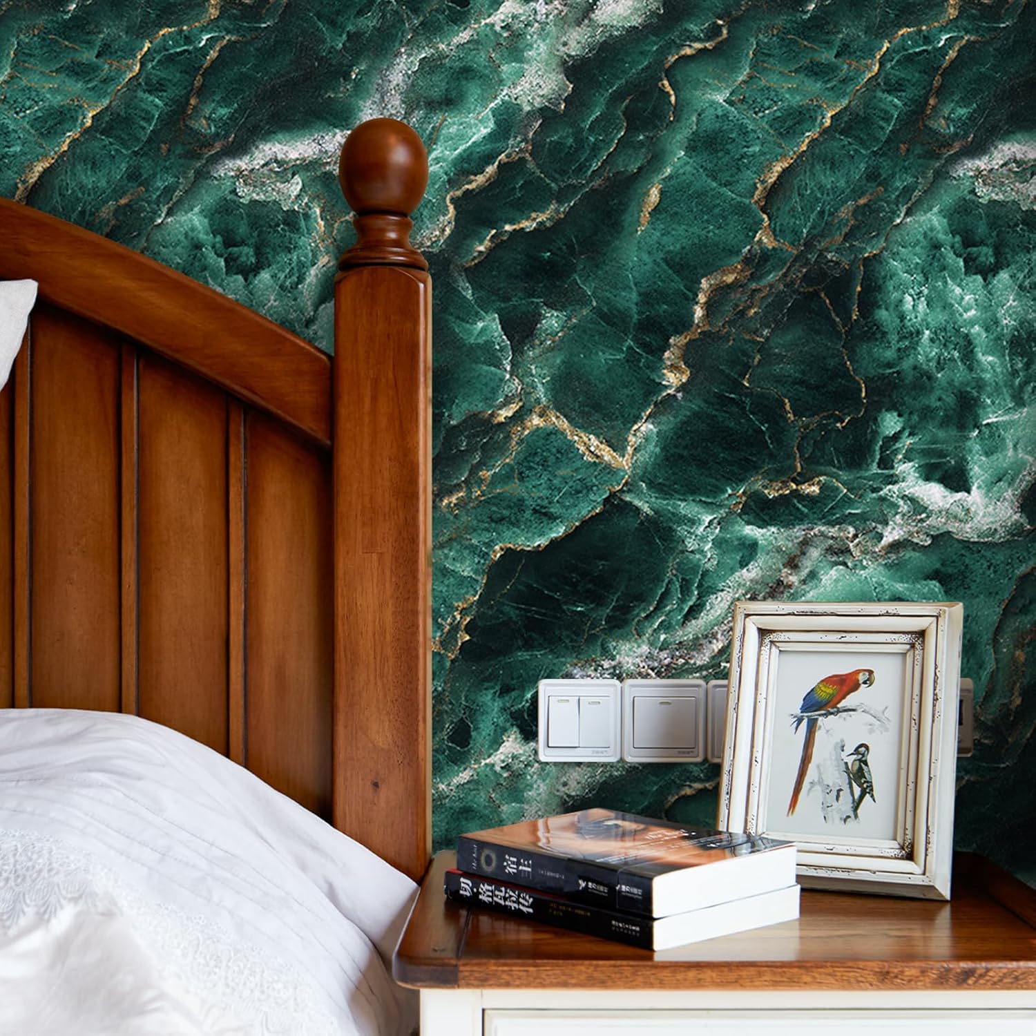 Luxury Emerald Marble Wallpaper Self Adhesive Peel and Stick Teal High-Gloss Stone Texture Wall Paper Removable Waterproof for Bedroom Renter Friendly Shlef Cabinet Décor 17.71"x118.1"