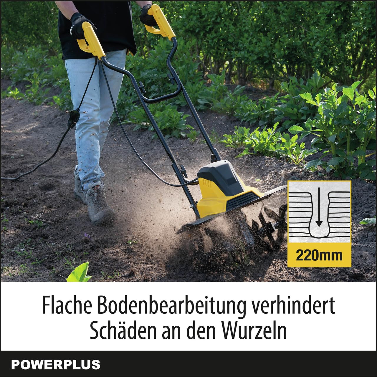 Power Plus Elektrische Gartenfräse POWXG72010-1500 W Gartenhacke mit 6 Messer zum Fräsen, Arbeitstiefe max. 220 mm, 450 mm breit, Elektrische Motorhacke, Gartengeräte