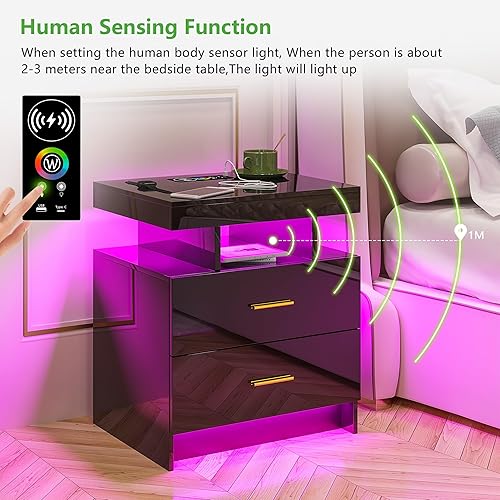 Miniatura 7 de HNEBC Mesita de noche LED, RGB negro con estación de carga USBinalámbrica, moderna mesita de noche con sensor automático de luces RGB, mesa auxiliar