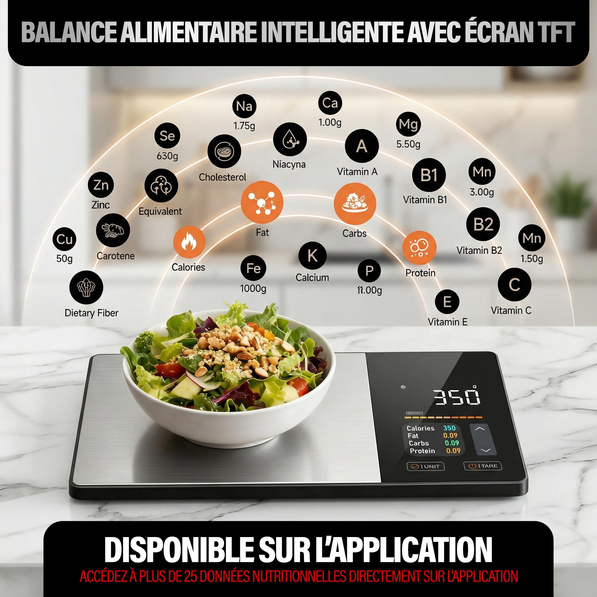 Balance Cuisine Alimentaire Calcul Calories Protéines Glucides Lipide | Balance de Cuisine Nutritionnelle Précision 1g | Écran TFT Couleur, 50+ Aliments Intégrés, App Fitdays+ iOS/Android