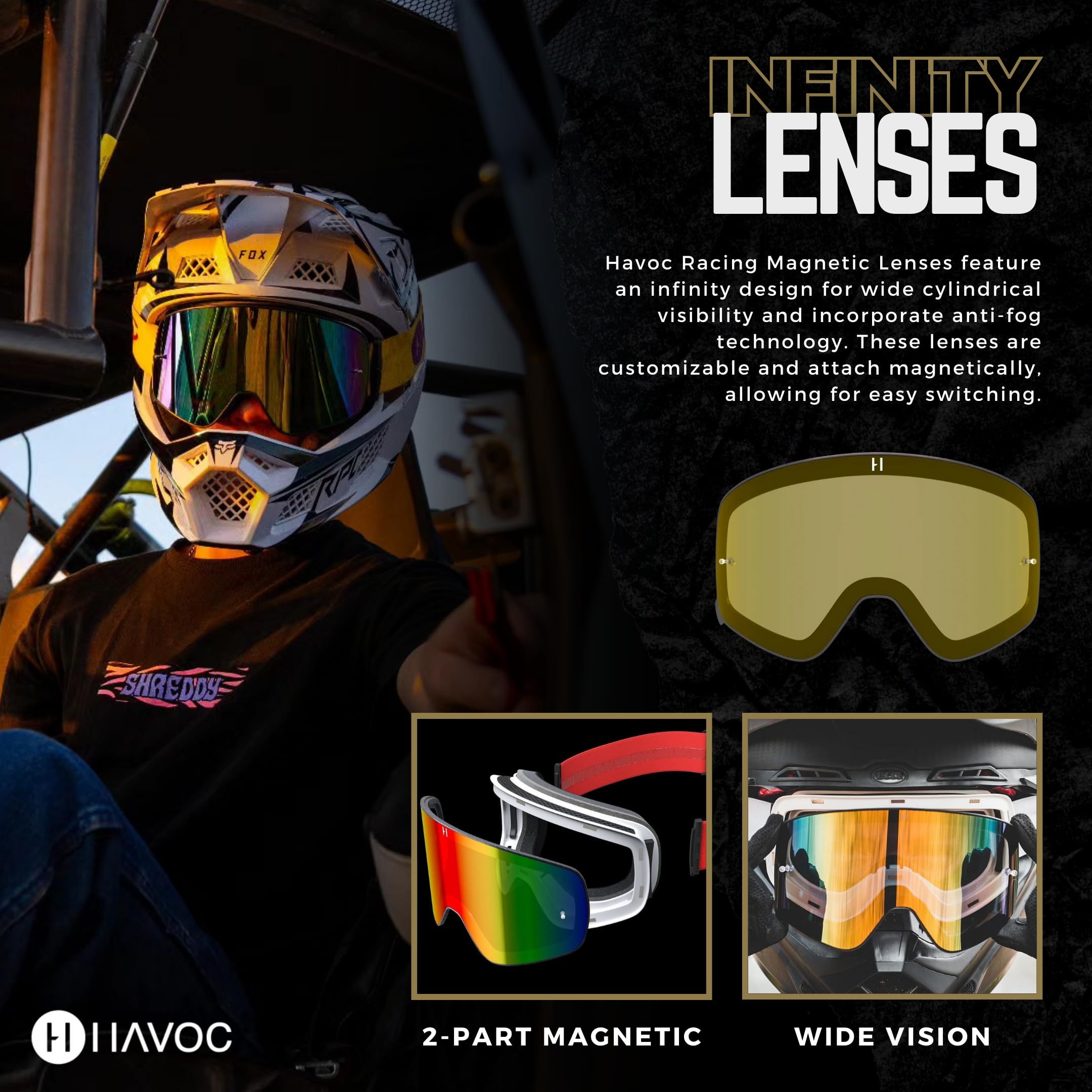 Havoc Racing Infinity Lenses - Lentes de repuesto magnéticas intercambiables para gafas Havoc - Lentes anchas antivaho, anti-UV, antiarañazos para esquí, snowboard, ATV y UTV (amarillo)