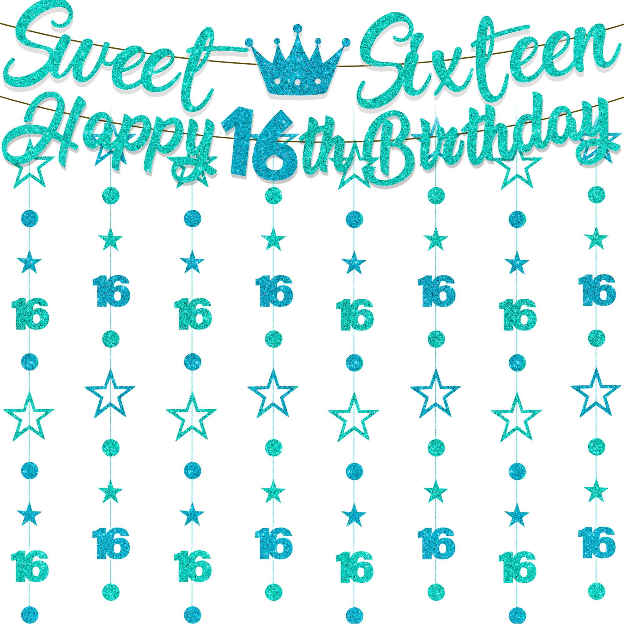 Sweet 16 Birthday Decoration Set - 10 Pcs Teal Blue Glitter Sweet Sixteen Banner, Happy 16th Birthday Banner and Star Design Hanging Garland for Girls 16 Years Old Party Supplies