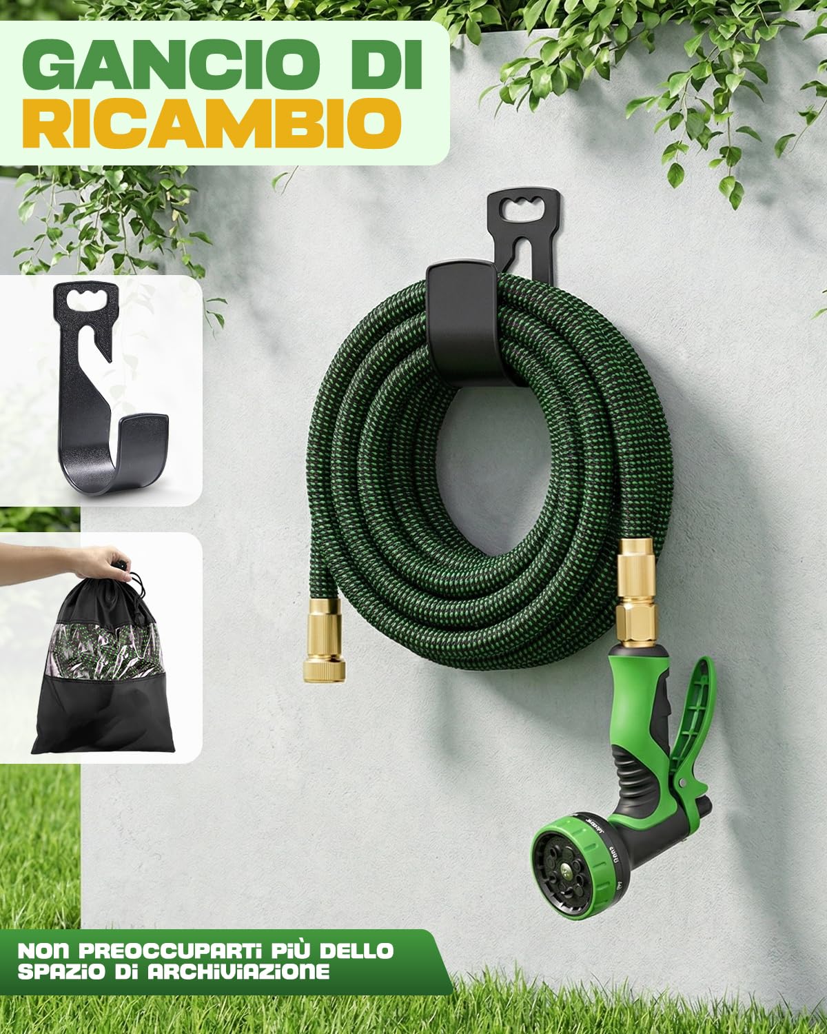 Tubo Irrigazione Estensibile Giardino 30 Metri, Canna Acqua Giardino con Pistola a Spruzzo 10 Modalità e Connettori in Ottone, Ideale per Cortile, Prato e Lavaggio Auto