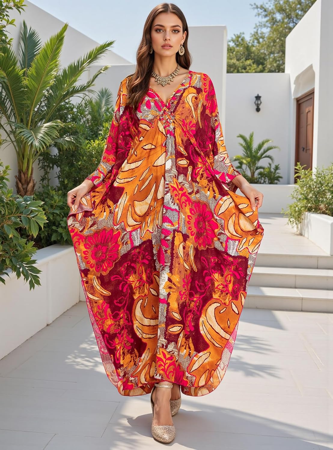Women's Caftan Dresses Plus Size Mumu with V-Neck Batwing Sleeves Lightweight Beach Cover Up and Loungewear - Image 3