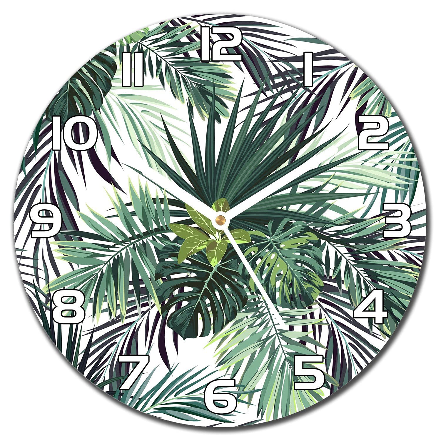 Horloge verre lisible aiguilles blanches salon moderne feuilles
