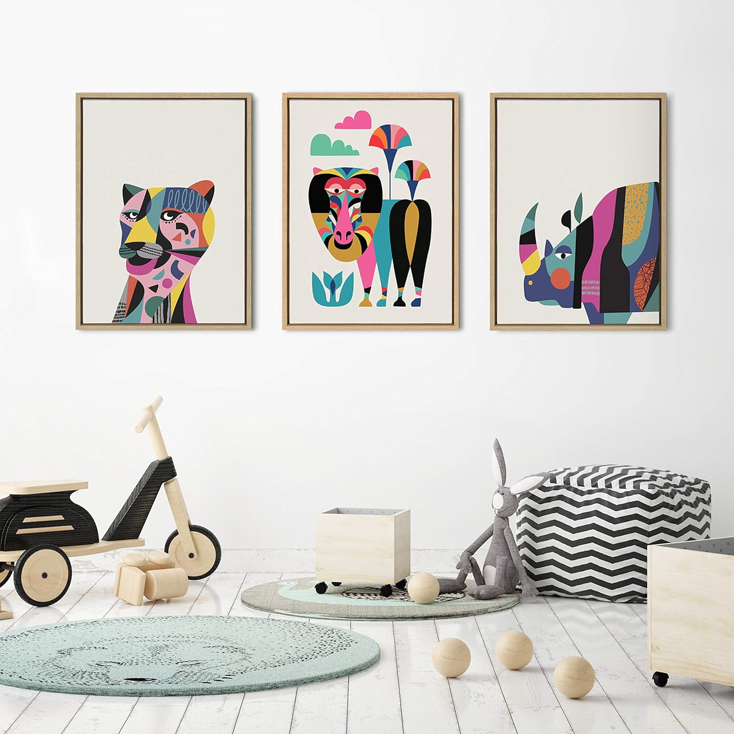 Kate and Laurel Sylvie Mid Century Modern Rhino Framed Canvas Wall Art by Rachel Lee, 18x24 Natural, Exotic Safari Animal Art