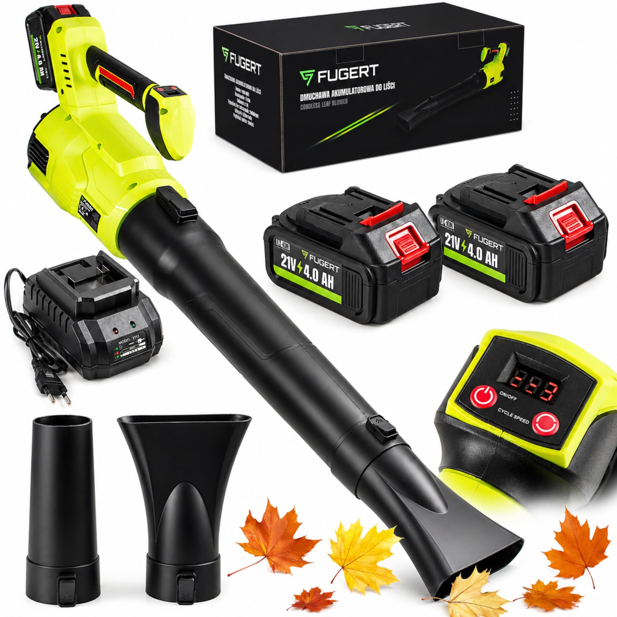 Dmuchawa do liści z akumulatorem do 250 km/h, 21 V, bezszczotkowa dmuchawa z 2 bateriami 4000 mAh i ładowarką, 3-stopniowa moc i LCD, lekka 1,8 kg, z 3 dyszami – idealna do prac ogrodowych