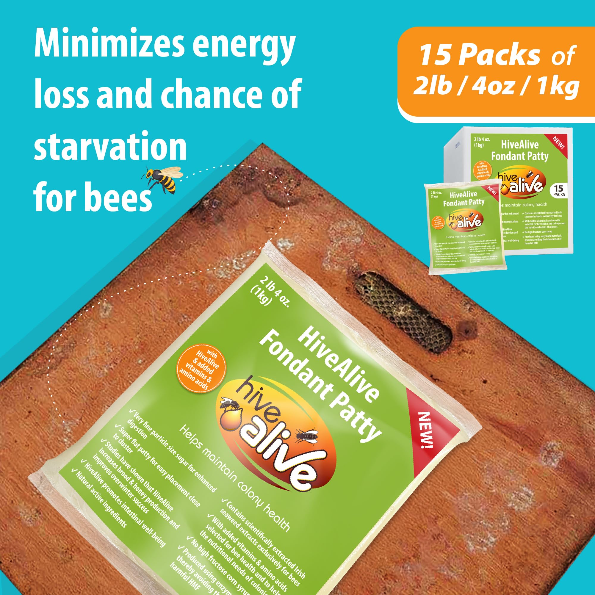 Hive Alive Bienenfutter Zusatz Vitamine und Aminosäuren für Gesundheit, Population und Honigproduktion - Bienenfutterteig für Winter und Frühjahr senkt die Bienensterblichkeit - 15er - Pack