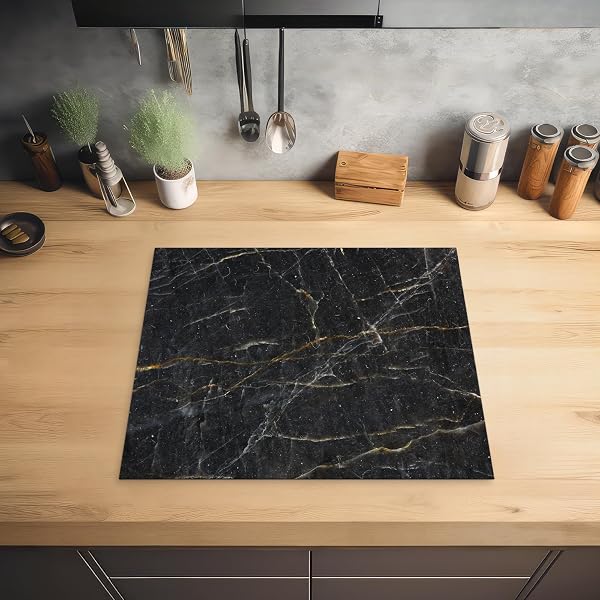 KitchenYeah© Cubre Vitrocerámica - Protector Vitroceramica Induccion 59x52 cm - Tapa Vitroceramica - Protector de Vitroceramica Mármol - Negro - Oro - Gris - Textura de mármol - 2