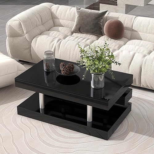 Miniatura 3 de Mesa de centro moderna para sala de estar con patas de metal plateado, mesa de cóctel rectangular de 2 niveles con superficie de alto brillo, mesa