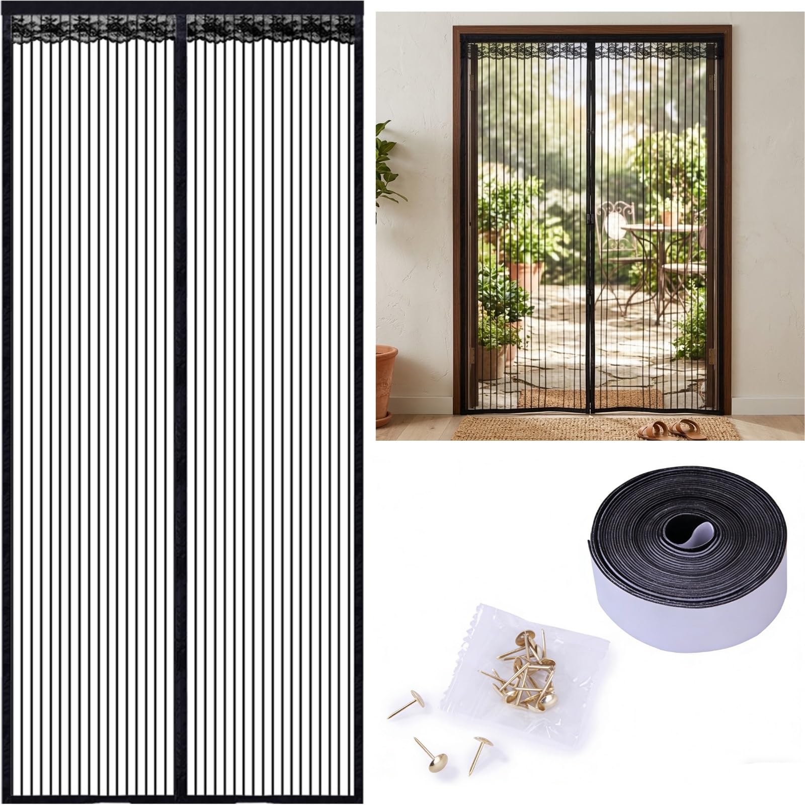 Magnetic Fly Screen Door - Heavy Duty Fiberglass Mesh Curtain with Powerful Magnets & Full Frame Hook and Loop Fastener - Hands-Free Pet & Kid Friendly Mosquito Net(Black,75x83in(190x210cm))