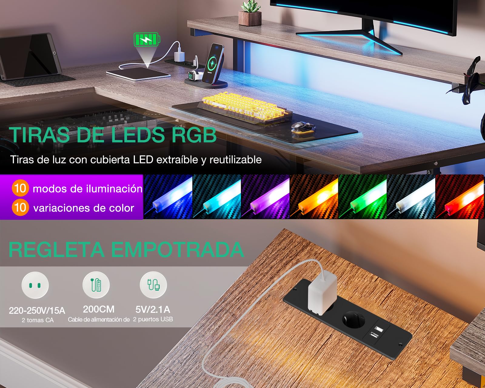 ODK Escritorio con Cajones, 155×110cm Escritorio Esquinero Reversible con 2 Enchufes y 2 Puertos USB, Mesa de Oficina en Forma de L con LED para Oficina en Casa, Roble Gris