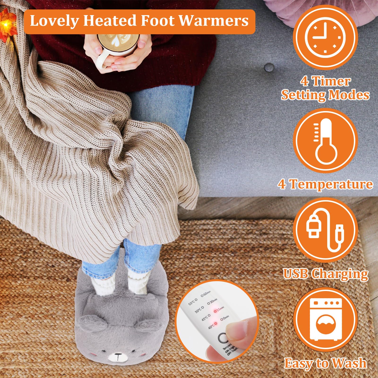Scaldapiedielettrico, Scaldapiedi USB Ricarica 4 Timer 4 Livelli Temperatura Lavabile Morbido Termoforo Piedi per Casa (Grigio)