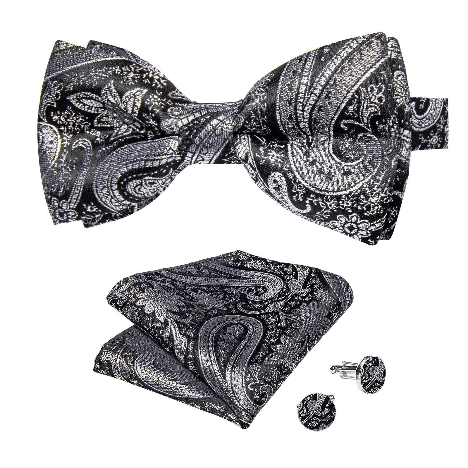 JFDBGU Bowties Wedding Business Party Shirt Accesoories Paisley Pre-tied Bow Tie Pocket Square Cufflinks