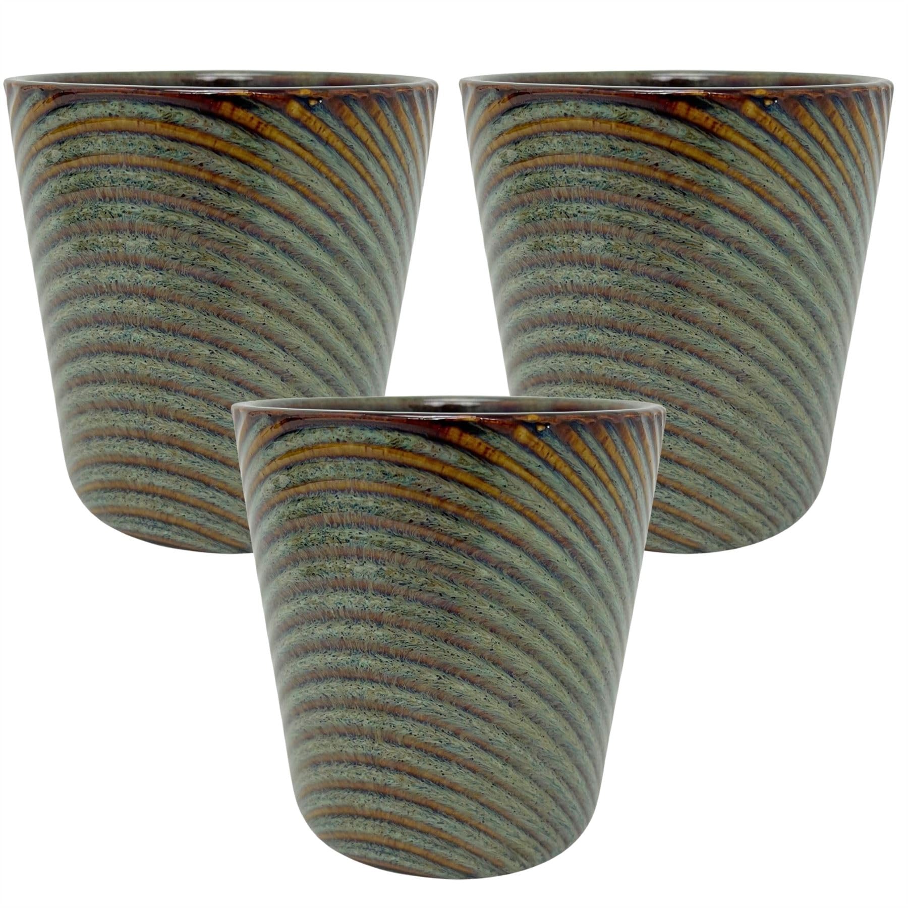 Carousel Home Green Set Of 3 Ceramic Plant Pots, 11Cm Embossed Spiral Reactive Glaze Indoor Planters, Small Succulent Cactus Flower Pots