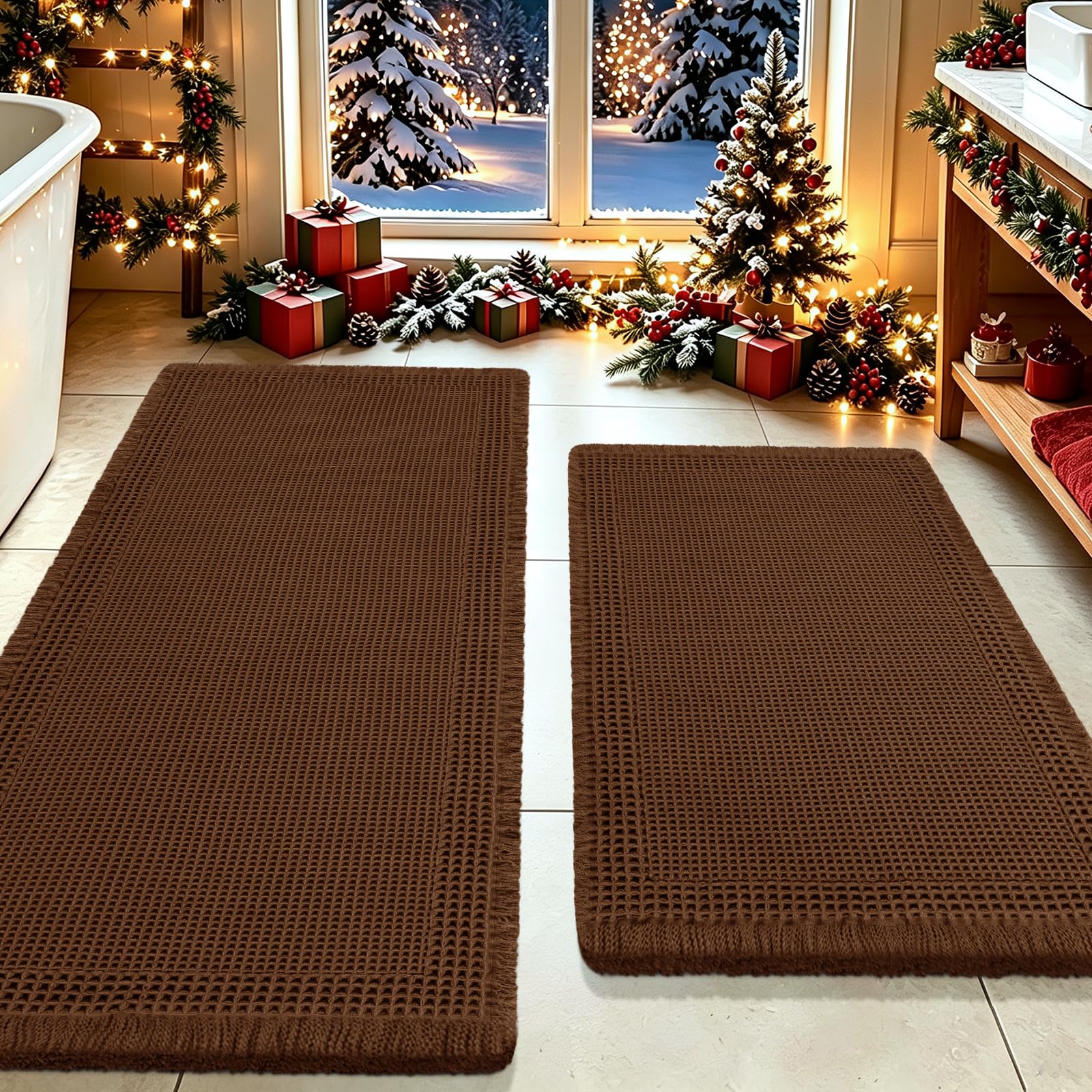 Waffle Bath Mat Set 2 Piece, Boho Woven Modern Bath Rug Absorbent Non Slip, Ultra Soft Bathroom Mats, Machine Washable Knit Bath Rugs with Border for Bathroom, Bedroom, Kitchen, Shower, Tub, Brown