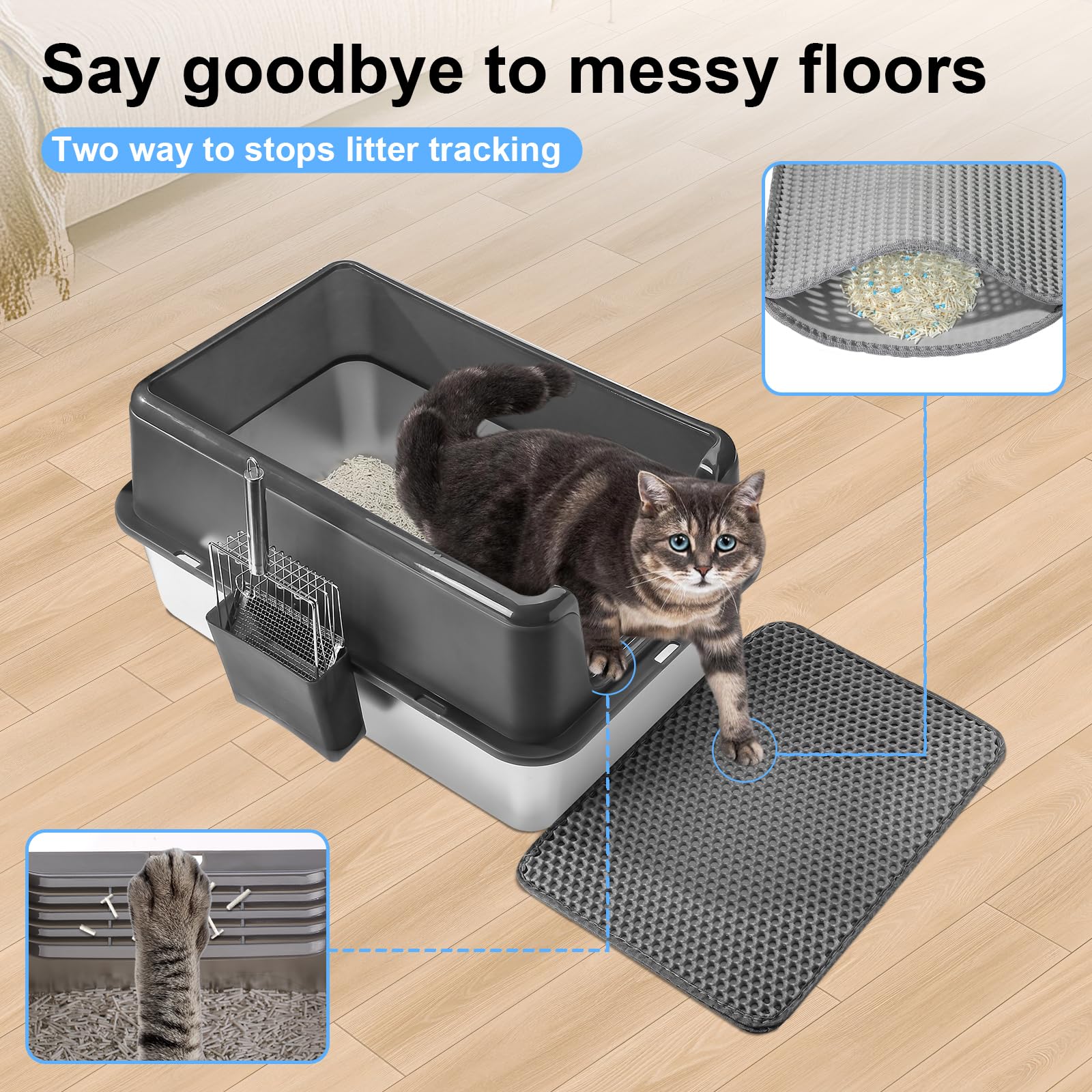 Ingesloten XL Roestvrijstalen Kattenbak Met Deksel - 60x40 Cm Geurvrij En Lekvrij Met Schep En Mat