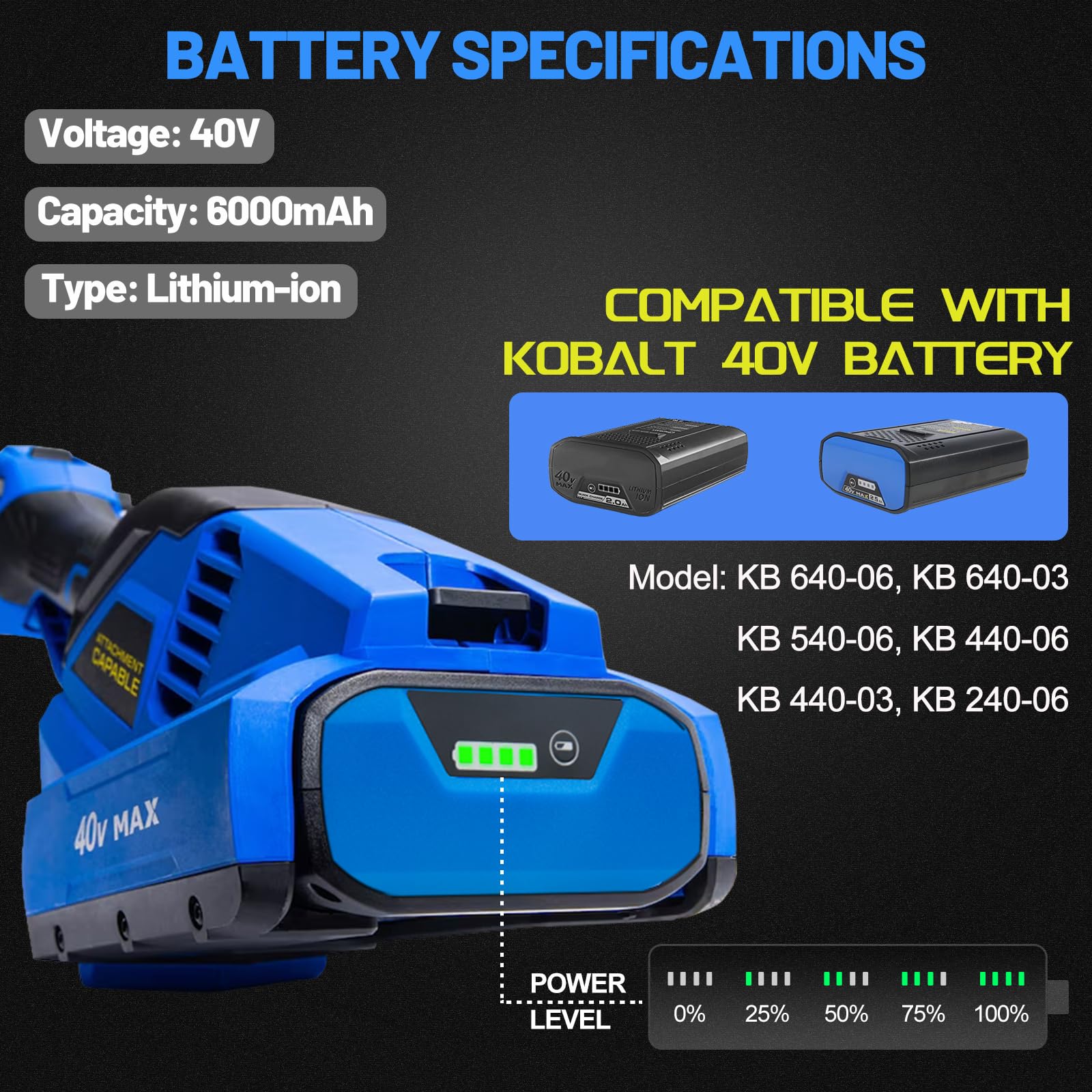 Batería de repuesto de 6000 mAh para batería Kobalt de 40 V (paquete de 2)