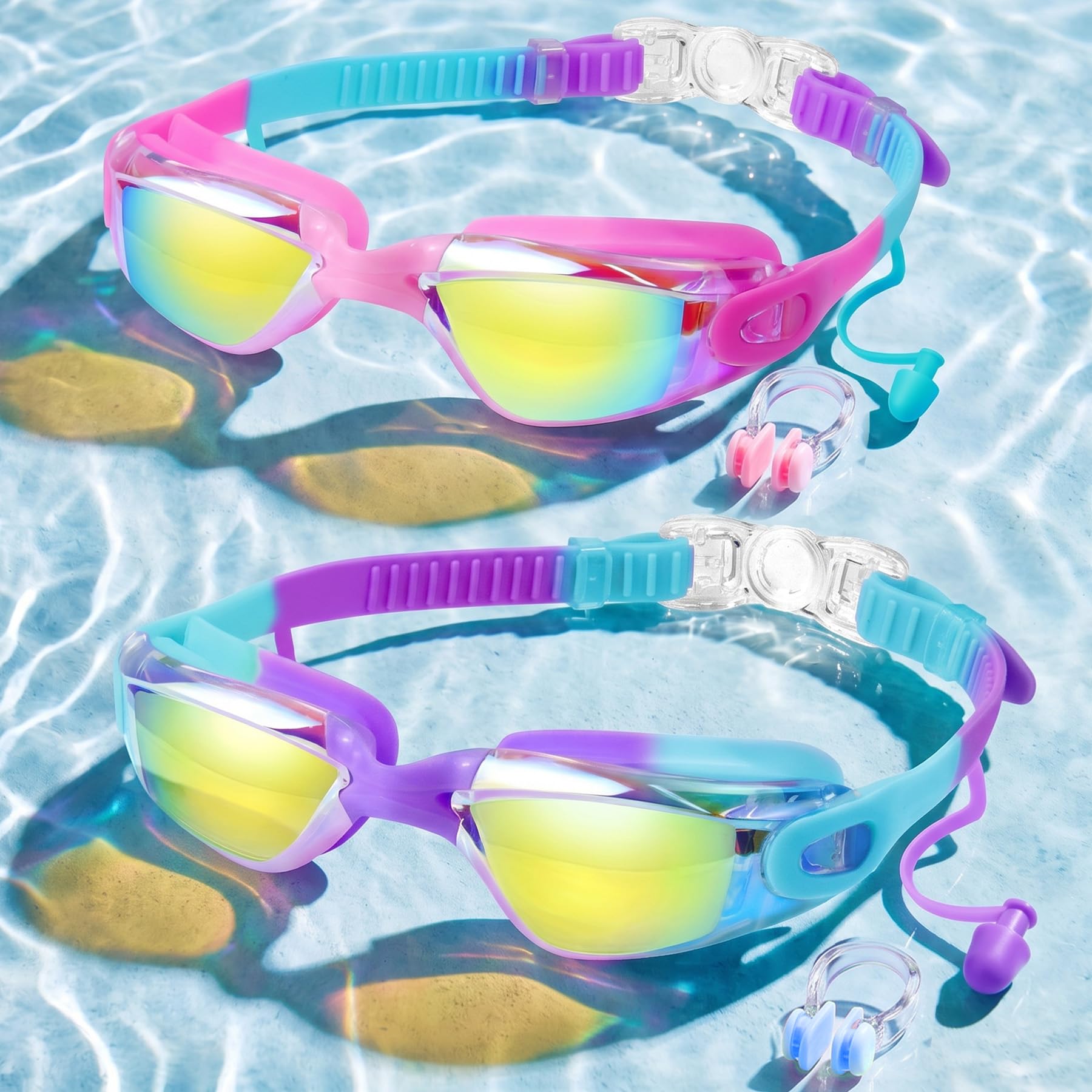 Vvinca Lot de 2 paires de lunettes de natation pour enfants avec bouchons d'oreilles et pince-nez, lunettes anti-buée/UV pour enfants, adolescents de 3 à 15 ans