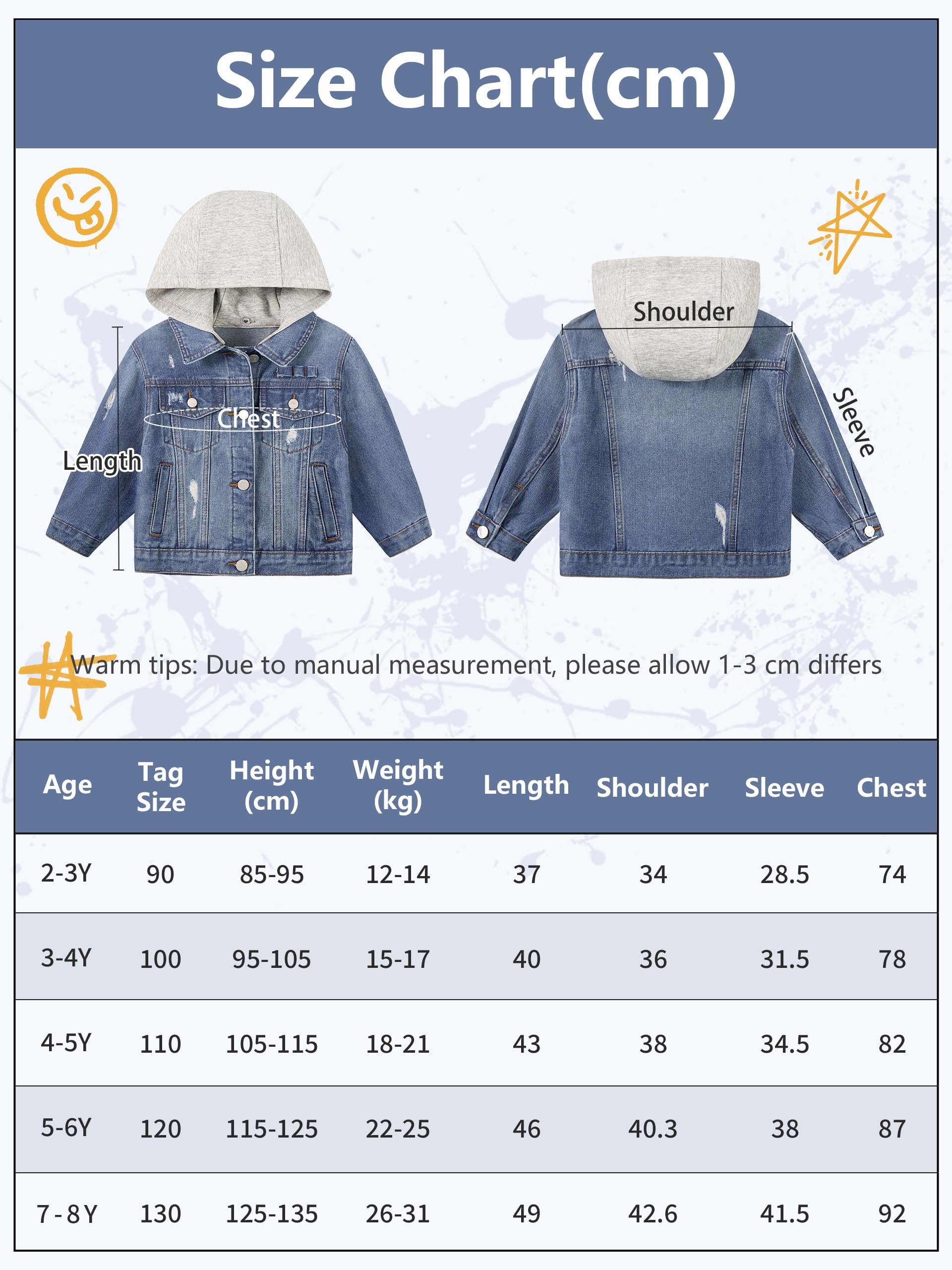 Volunboy Dziecięca kurtka dżinsowa z odpinanym kapturem, dziewczęta chłopcy wiosenna i jesienna odzież wierzchnia Trucker Jean Jackets