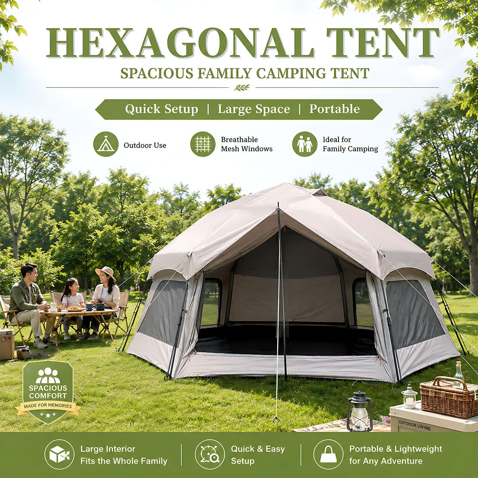 Namiot glamping pop-up dla 14 – wys. 175 cm | Duże siatkowe okna dla panoramicznego widoku i braku komarów.