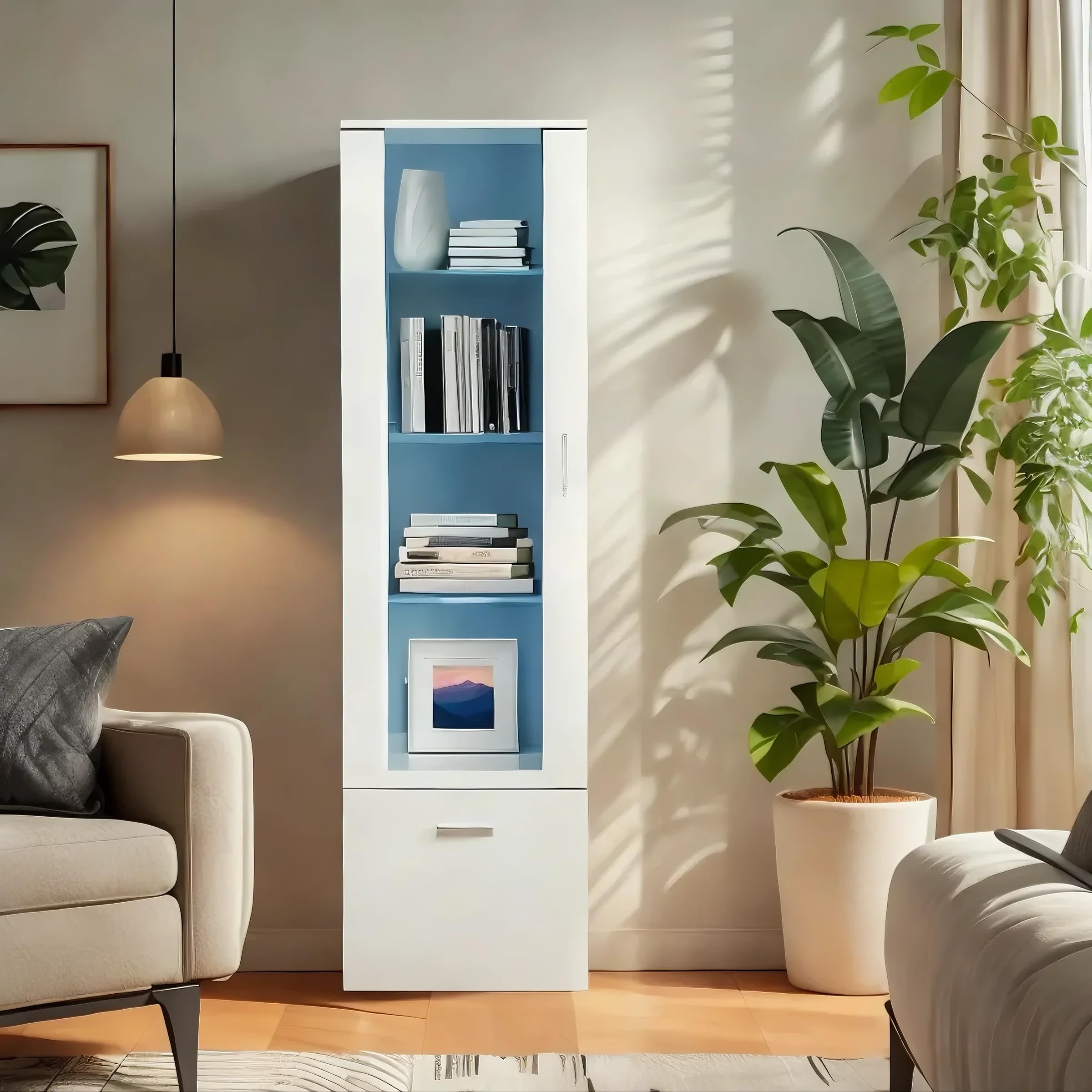 Vetrine a Led con Porta e Ripiani in Vetro, Luci per il Soggiorno e l'ufficio, 42 x 30 x 160 cm (1, Bianco)