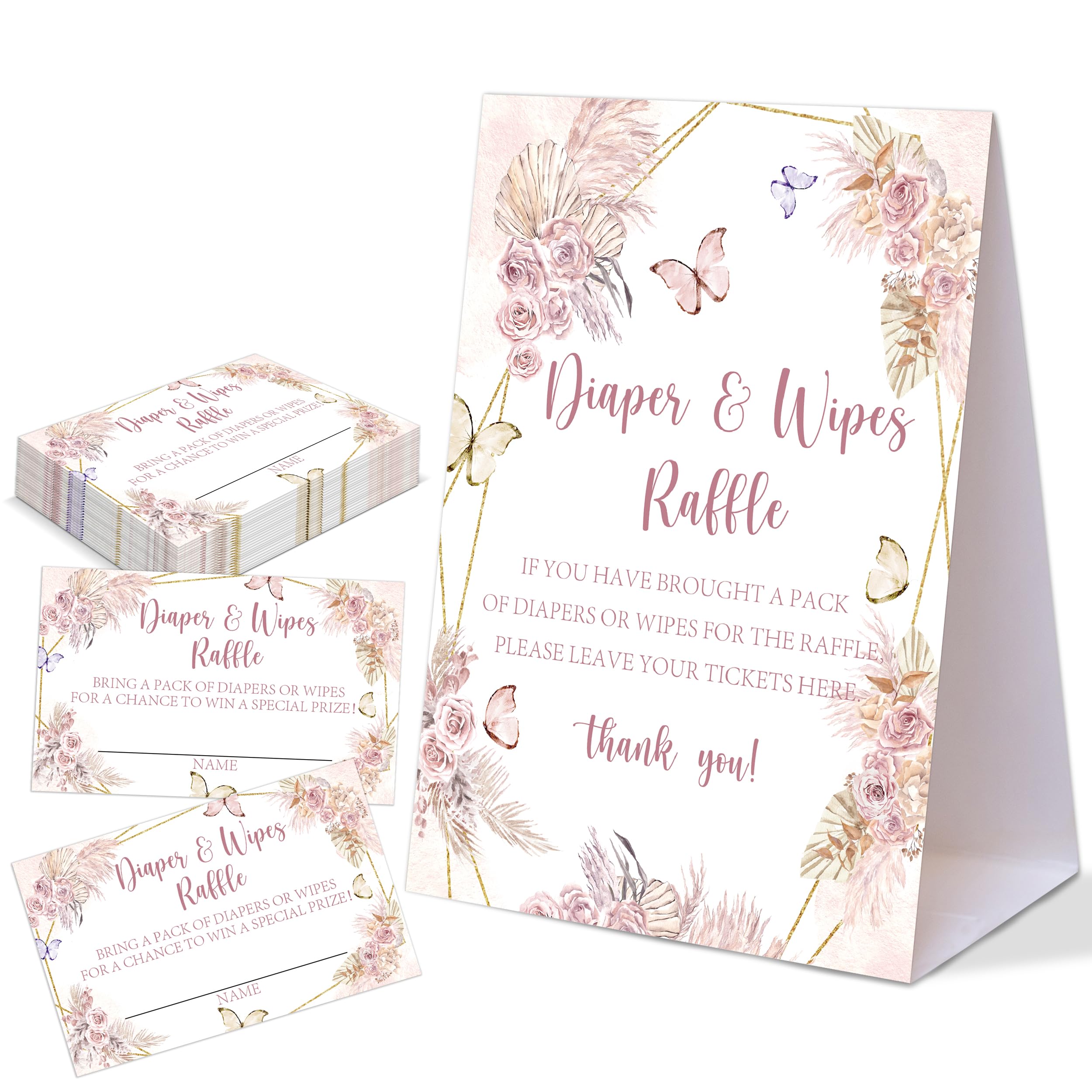 Boho Floral Themed Baby Shower Games, Diaper & Wipes Raffle, Pack of 1 Tabletop Sign and 50 Diaper Raffle Tickets, Butterfly Baby Shower Decorations,