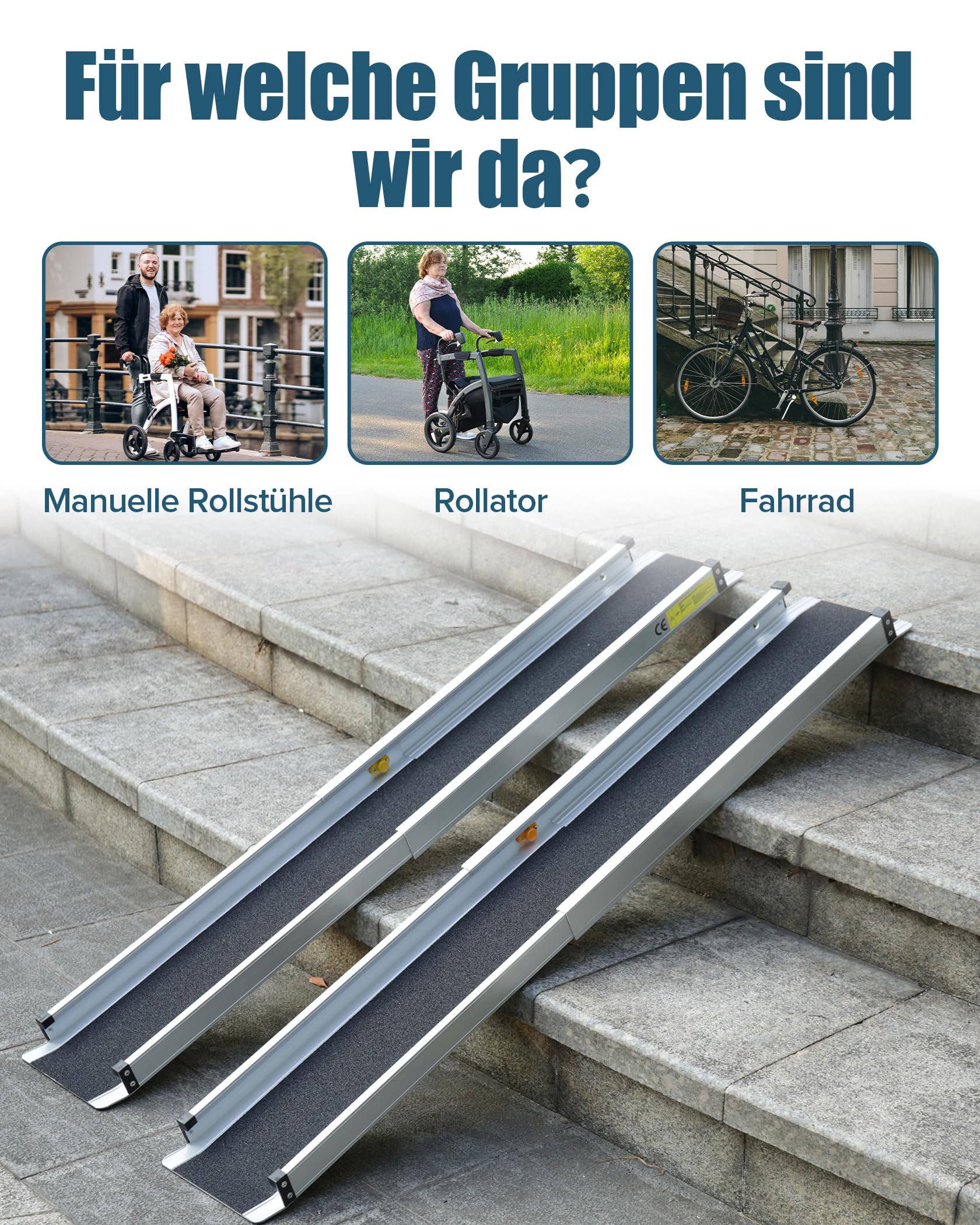 FoundGo Rampa telescópica para silla de ruedas, 2 unidades, máx. 300 kg, 74,5/121 cm, de aluminio, antideslizante, incluye bolsa de transporte, rampa de acceso para silla de ruedas manual, escaleras,