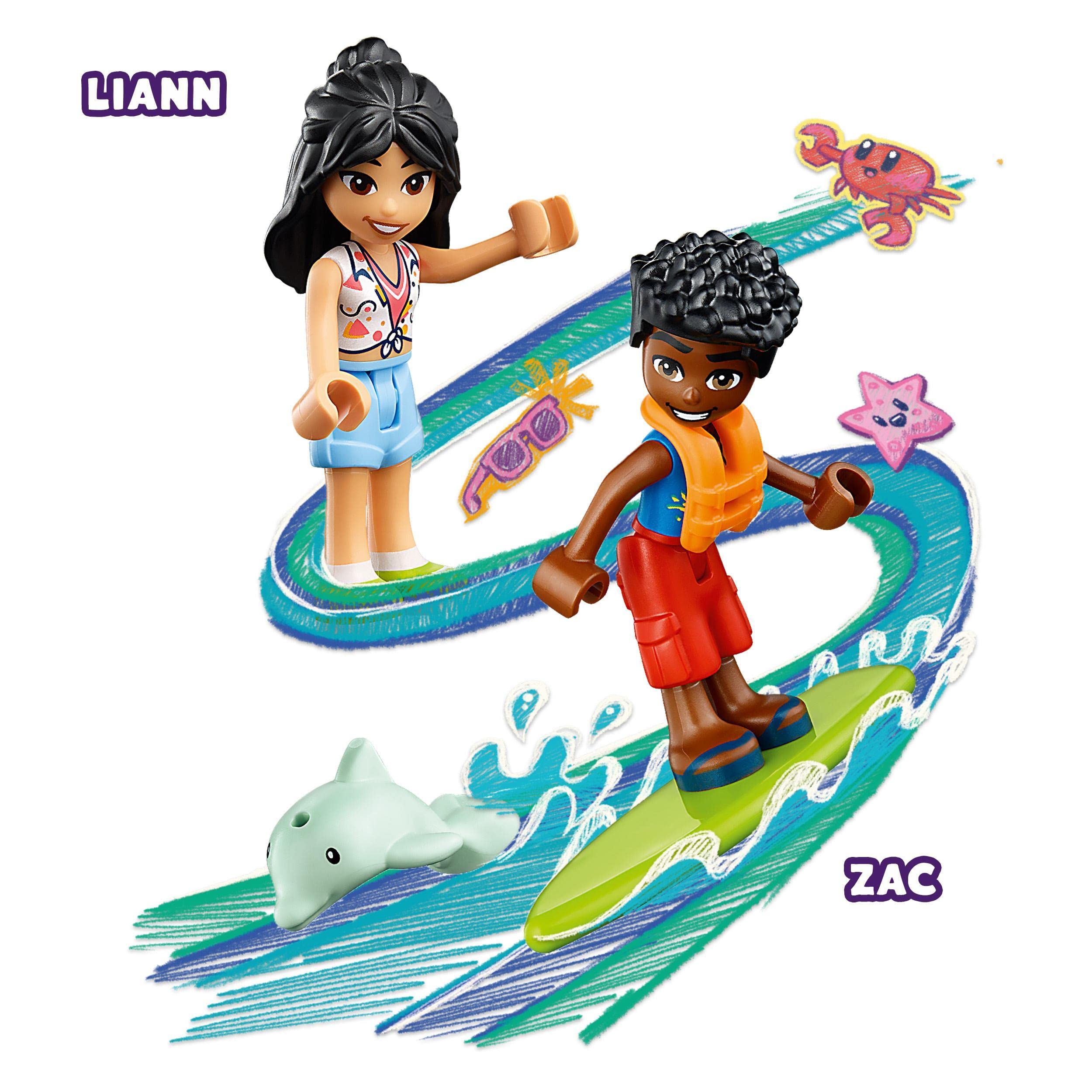 LEGO Friends Divertimento sul Beach Buggy con Macchina Giocattolo, Tavola da Surf, Mini Bamboline, Delfino e Cane, Giochi Estivi per Bambini e Bambine dai 4 Anni 41725
