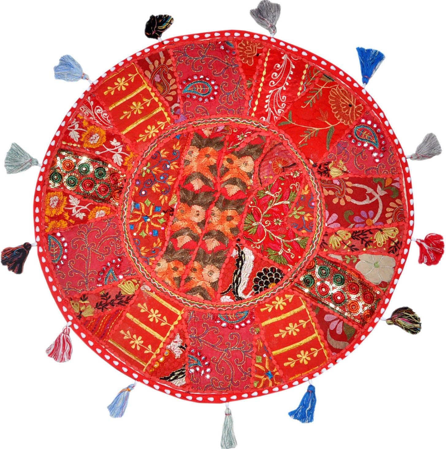 Sophia Art Round Floor Pillow Cover Patchwork Pouf Ottoman Vintage Indian Foot Stool Bean Bag Floor Pillow Cover Home Decor Living Room Ottoman Bohemain Pillows (Red, 16 Inch)