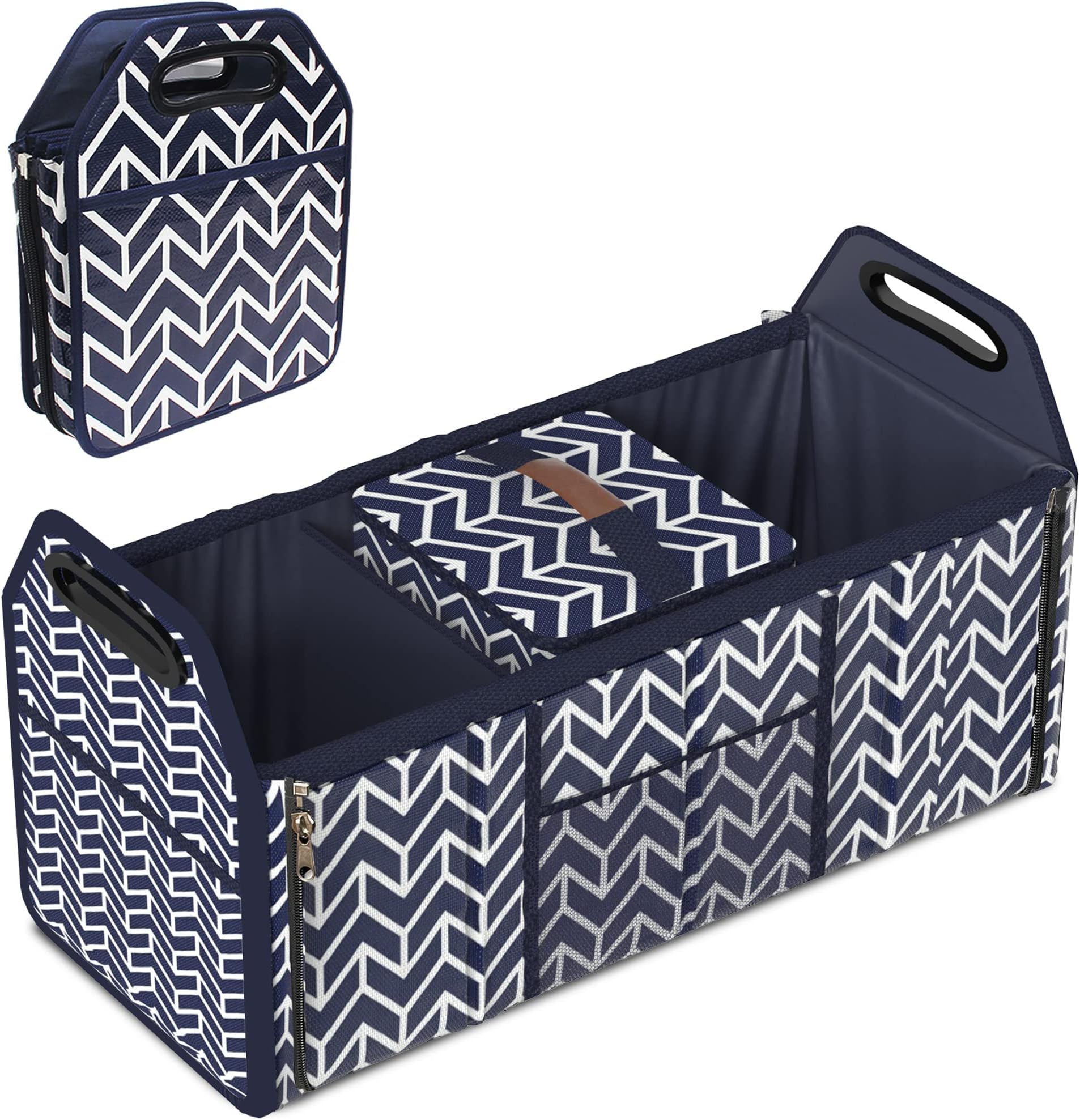 Orionstar Trunk Organizer, Foldable Car Storage Bag Portable Insulation Cooler Bag Collapsible Vehicle Organizer Divider Storage Totes with 3 Compartment Cargo Tote for Groceries Caddy SUV, Navy Blue