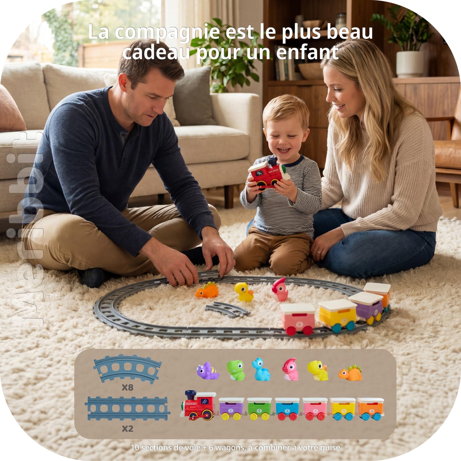 Train Enfant avec Rails, Lumière & Effet Vapeur, Marionnettes à Doigts Dinosaures, Jouets Montessori Sensoriels, Jeu Éducatif pour Enfant 2 Ans, Cadeau 1-3 Ans Fille Garçon