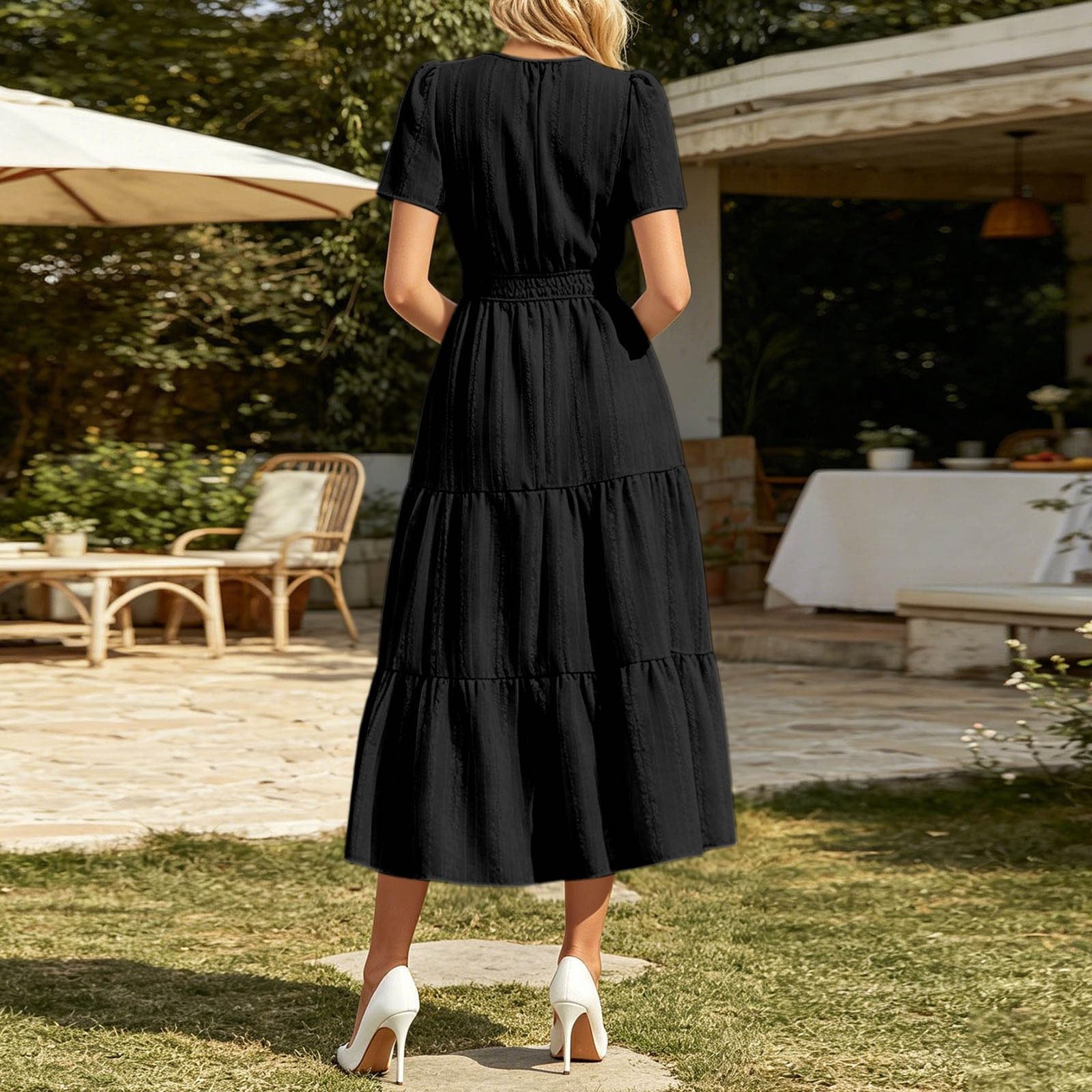 Robe d'été Unie à Manches Courtes, col élégant et Poches, Style décontracté