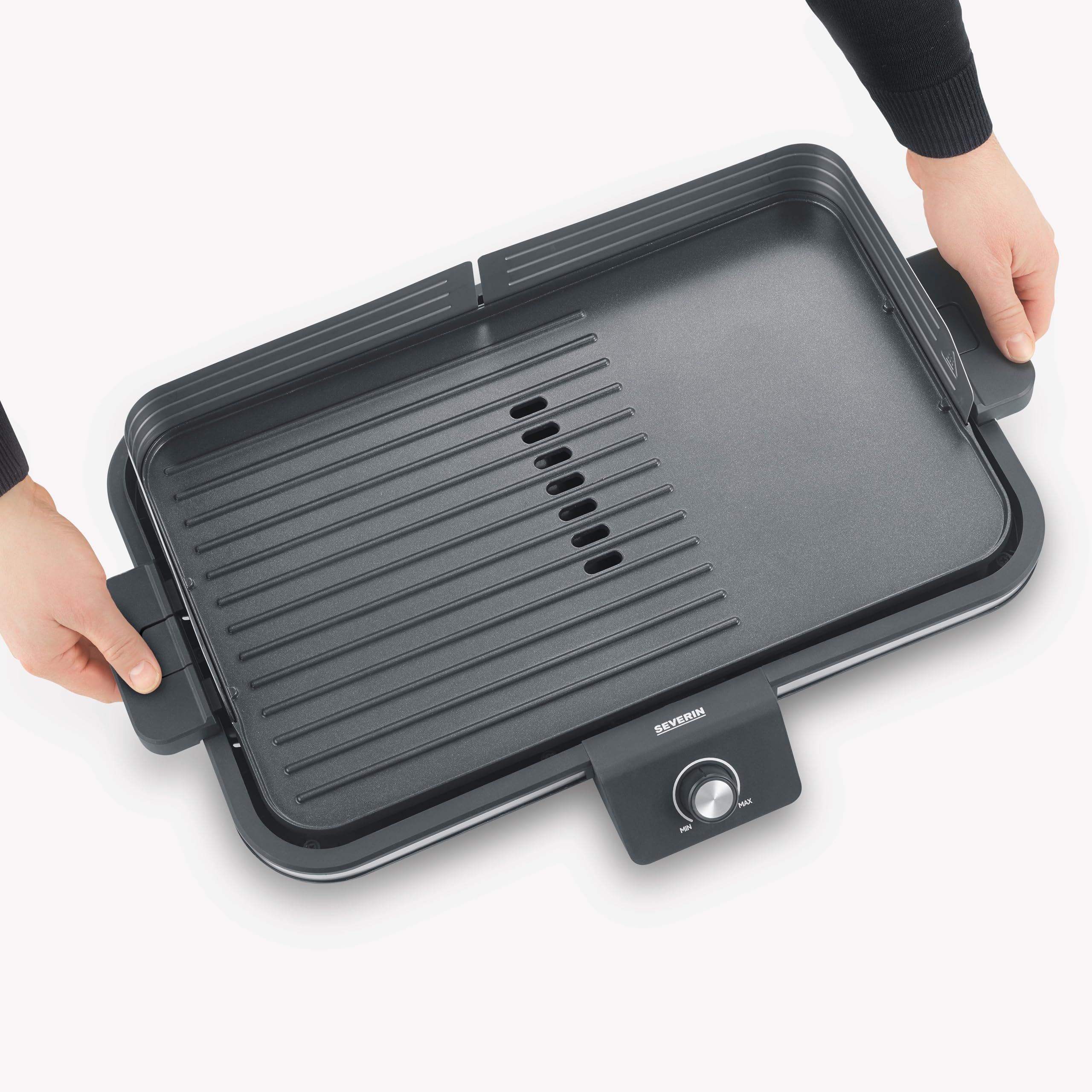 SEVERIN Parrilla Eléctrica, plancha grill de mesa, 2.300 W hasta 230°C, con revestimiento cerámico y pantalla LED, para carne, pescado, marisco y verdura, acero inoxidable y negro mate, PG 8564