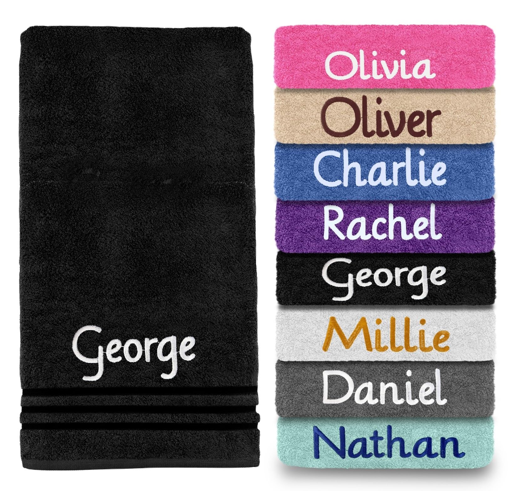 Dream Zone Personalised Embroidered Towels Set ANY NAME | Face Cloth | Hand Towel | Bath Towel | Bath Sheet | Beach Swimming Towel | Supreme 100% Egyptian Cotton 550GSM (Bath Towel, Black.)