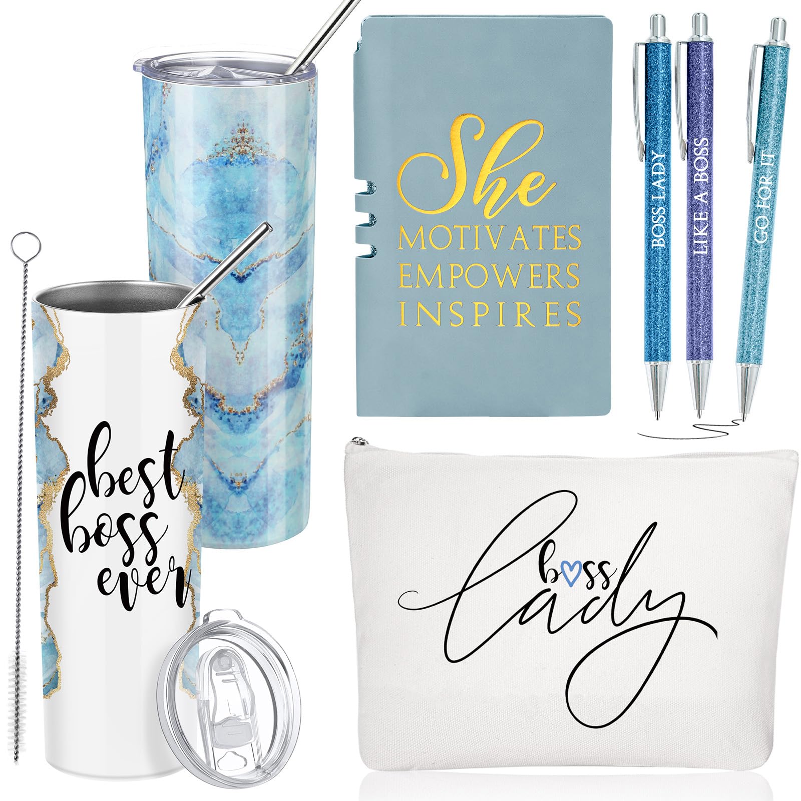 Domensi 6 Pcs Best Boss Birthday Gift Set Thank You for Women Boss Day Appreciation Day Gift 20oz Rustic Marble Sign Tumbler Makeup Bag A6 Notepad