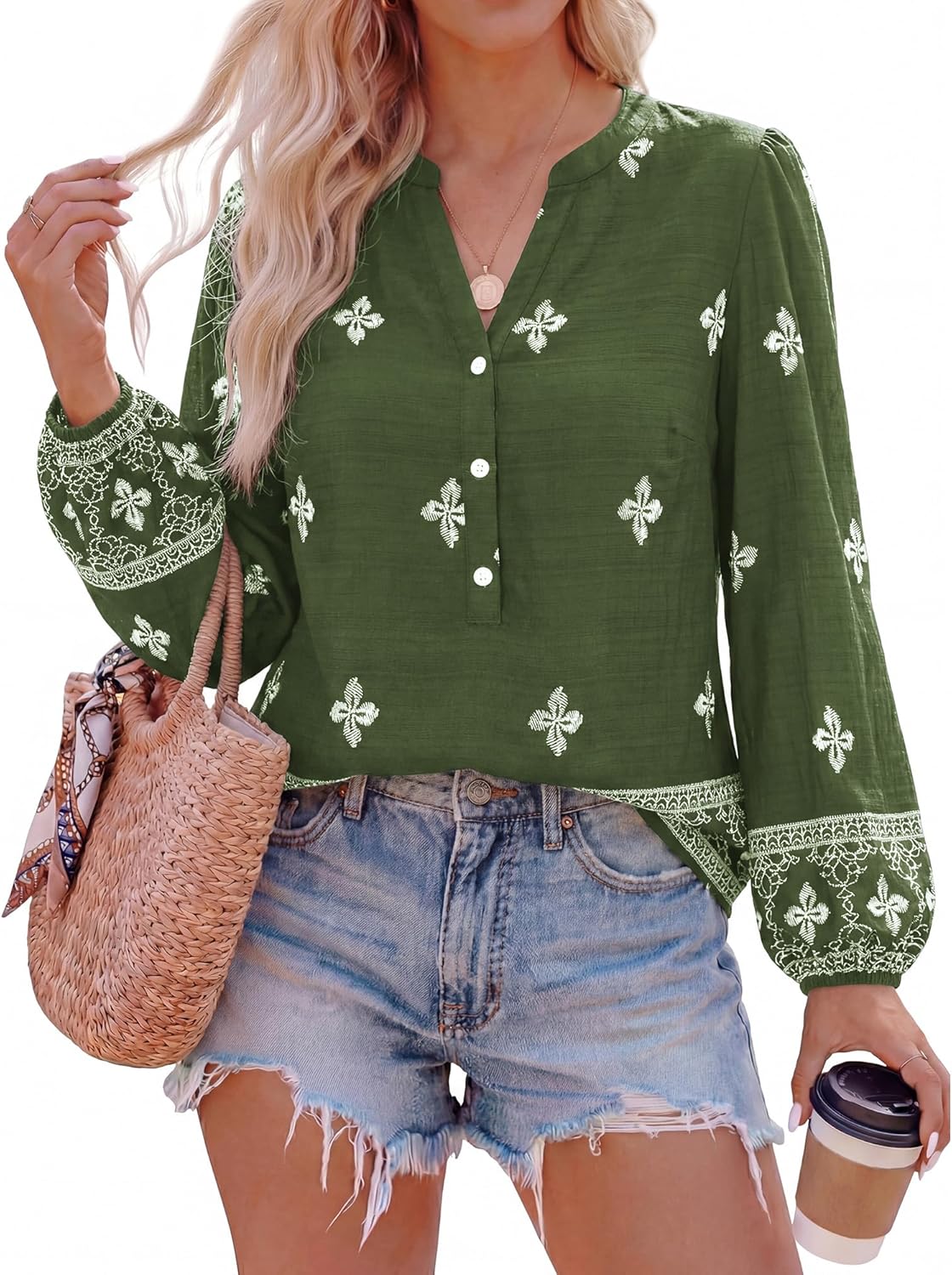 BTFBM Womens Tops Spring Casual Long Sleeve Shirts Button Up V Neck Bohemian Blouses Loose Tunics Vacation Outfits