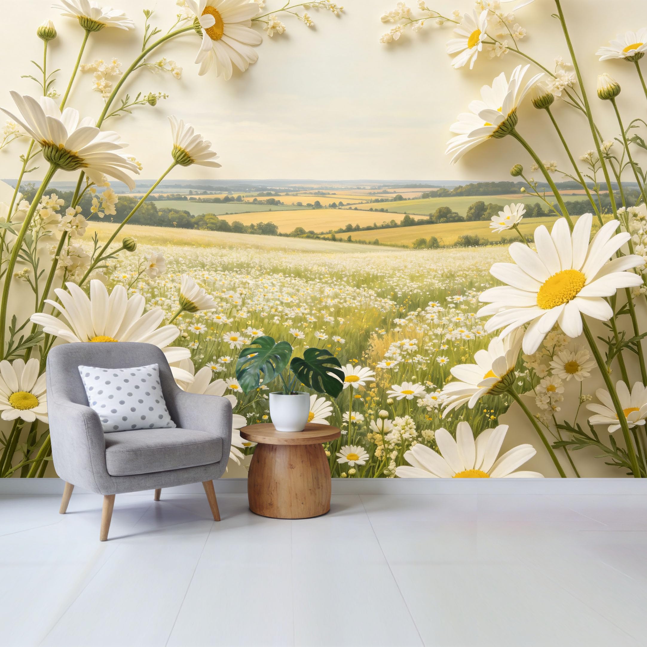 Qzlithotic Yq2605250315 Custom Size Wall Mural White Daisy Flower Border Botanical Farmhouse Landscape View Selfadhesive Wall Fabric Removable Wallpaper For Home Office Decor