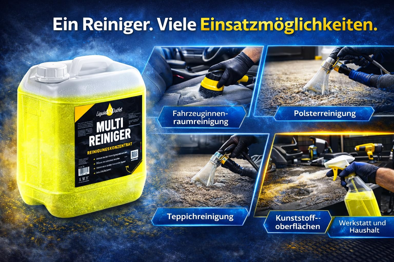 Liquid Outlet Multireiniger 4x 5L – Polsterreiniger Auto & Teppichreiniger – Kunststoffreiniger, Fleckenentferner & Autoinnenreiniger – Für Nasssauger & Blowguns geeignet – Made in Germany