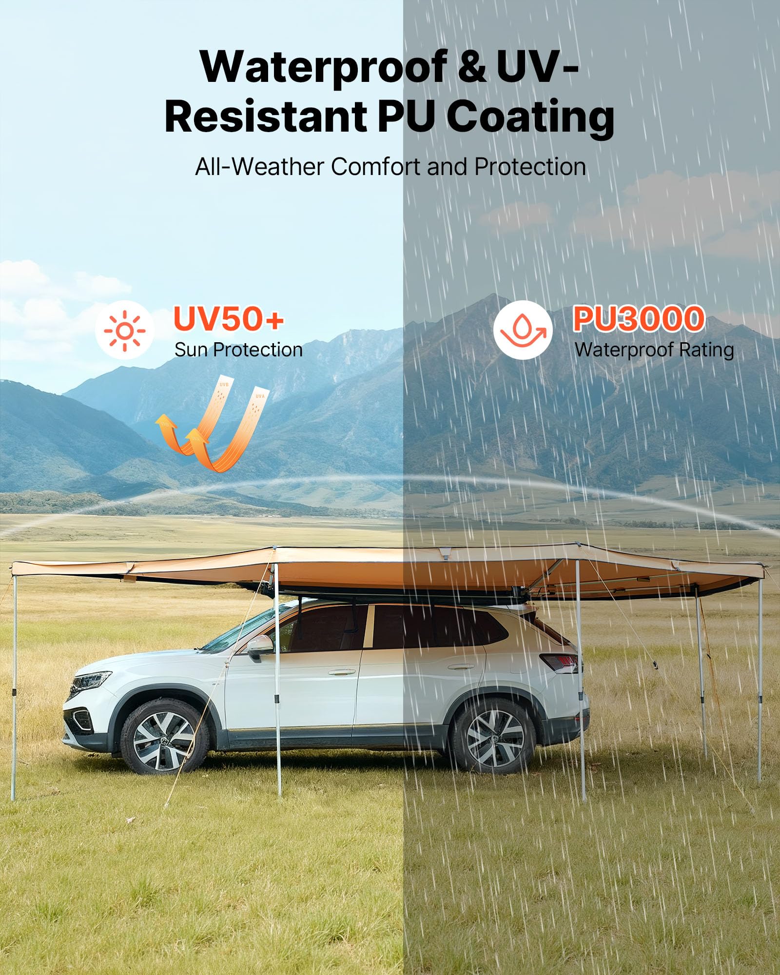 VEVOR Auvent 270 Degrés 6,09x2,10 m Auvent Voiture Latéral Rétractable Abri Autoportant Toutes Saisons pour Véhicule SUV Fourgonnettes Camionnettes Camping, Éclairage LED Intégré Imperméable UV50+