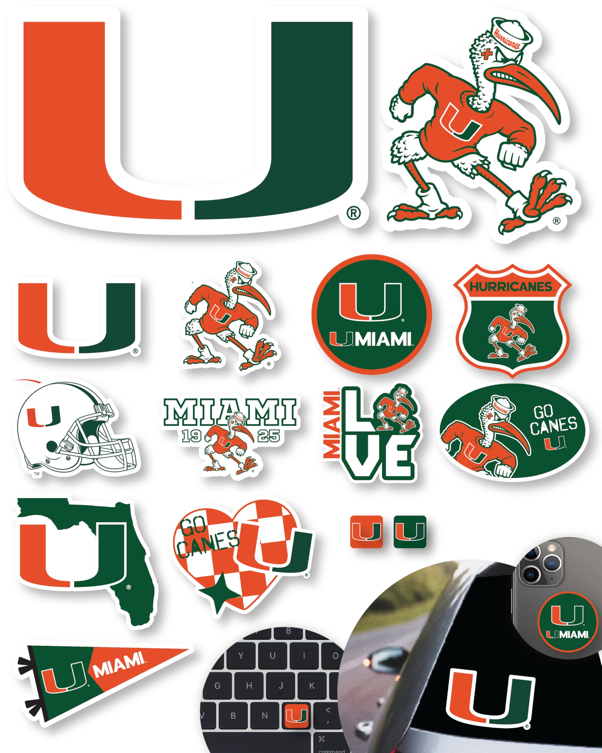 Miami Hurricanes Stickers University of Miami Vinyl Decals Vinyl Gift 14 Pc