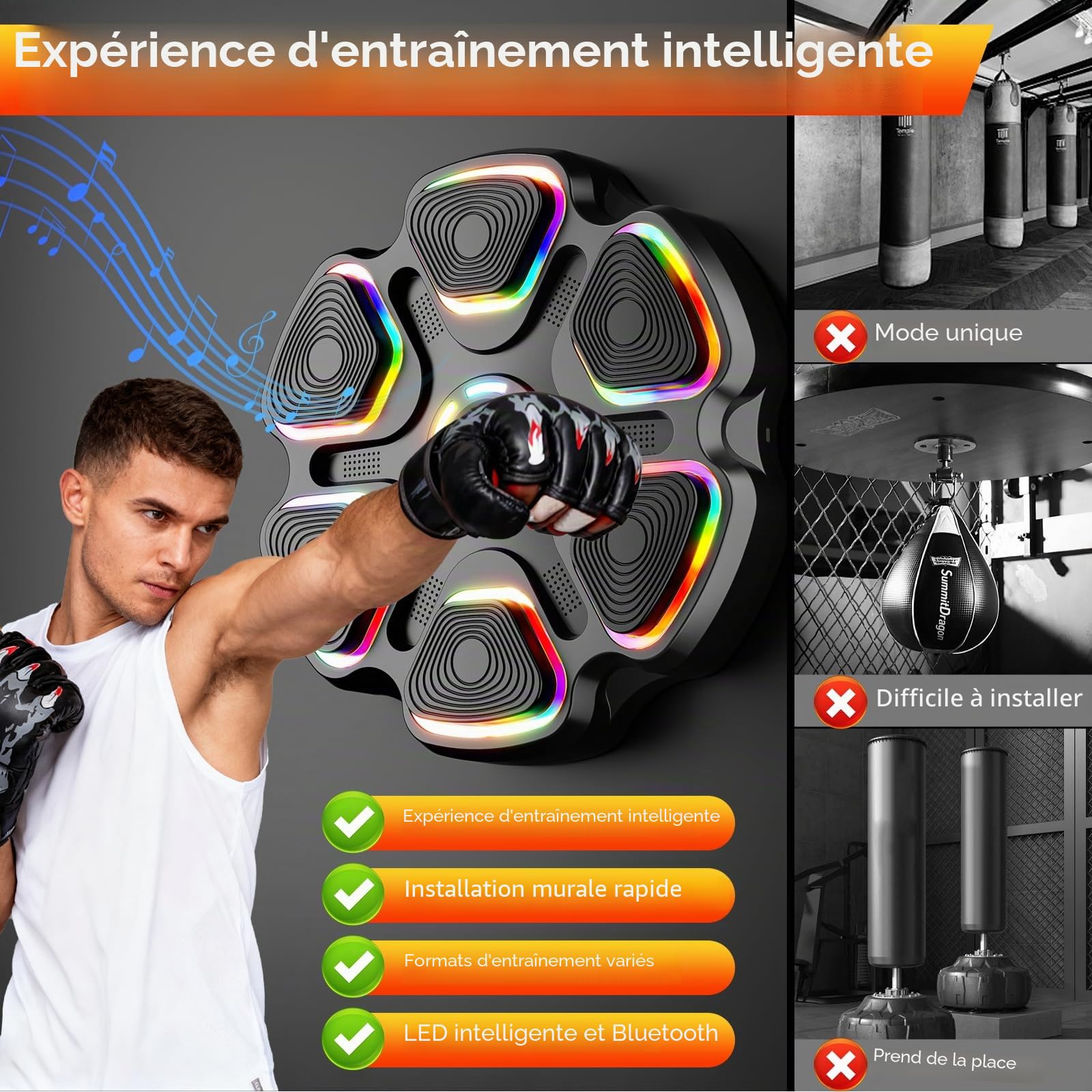 Machine de boxe musicale avec gants de boxe, machine de montage mural pour enfants et adultes, équipement de boxe intelligent Bluetooth, équipement d'entraînement de boxe cible pour la maison, le