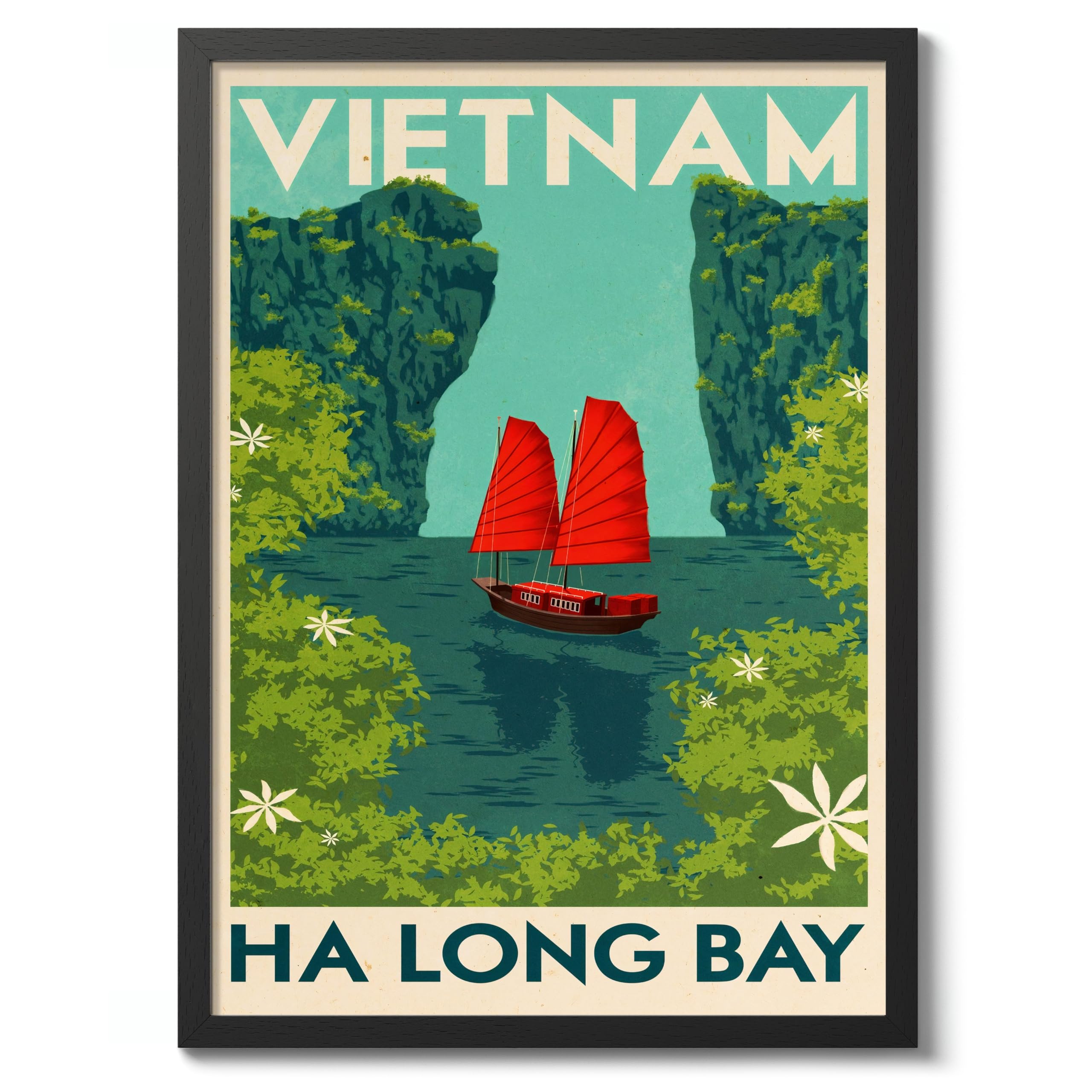 Ha Long Bay, Vietnam Vintage Travel Poster, Retro Tourism Print, Popular Attractions Around The World, Postcard Home Decor, Archival Matte, A5 (Black Frame) - 21x14.8cm