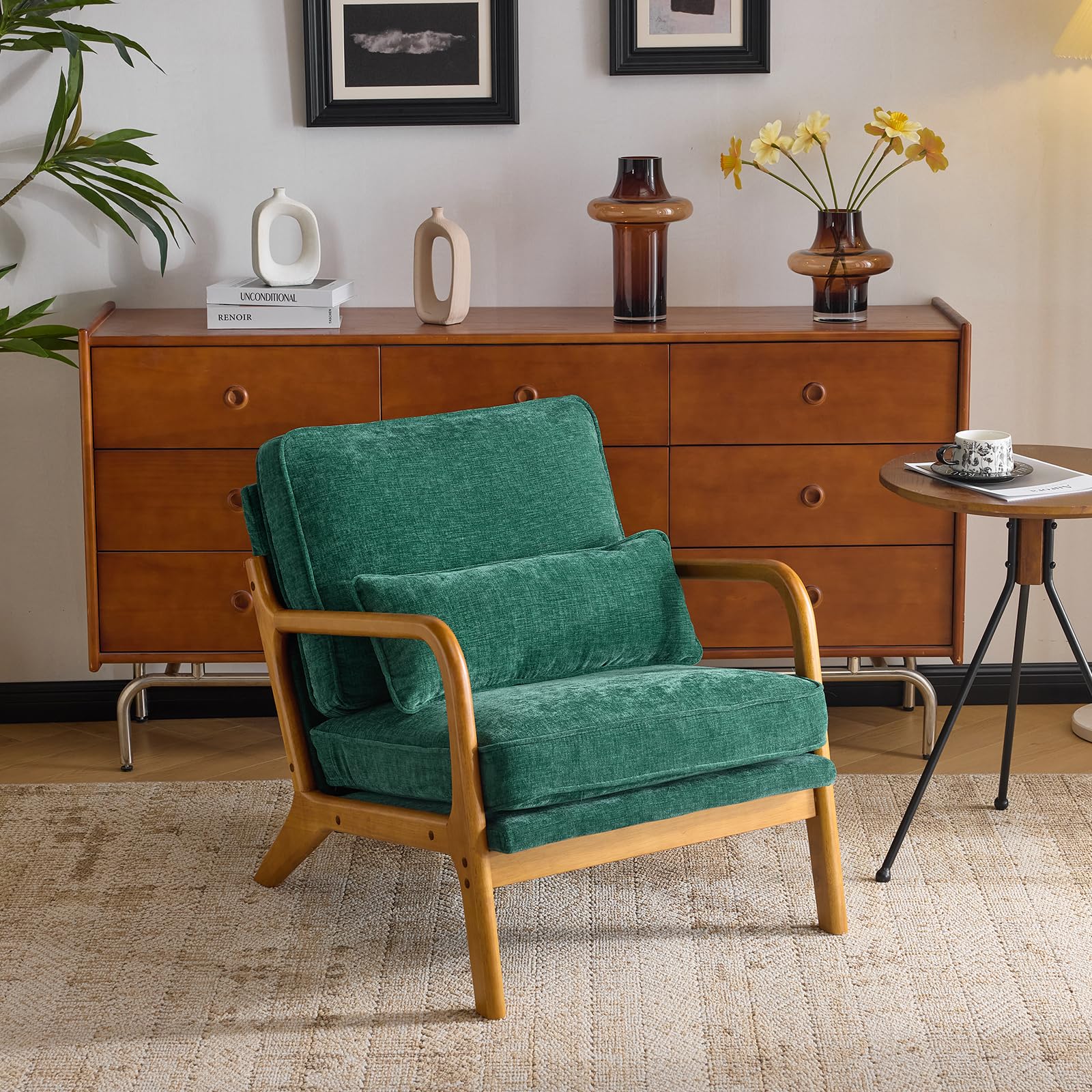 Bonnlo Accent Chair, Soild Wood Padding Lounge Armchairs, Occasional Reading Chair with Cushions and Lumbar Pillow, Armchairs for Living Room, Bedroom, Guest Room, Chenille, Dark Green โ image 1