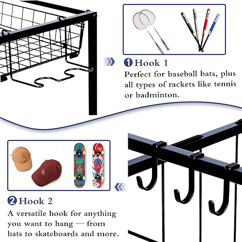 Miniatura 2 de Organizador de equipos deportivos, estante de almacenamiento de pelotas con correas elásticas y cesta extraíble para organización de garaje,