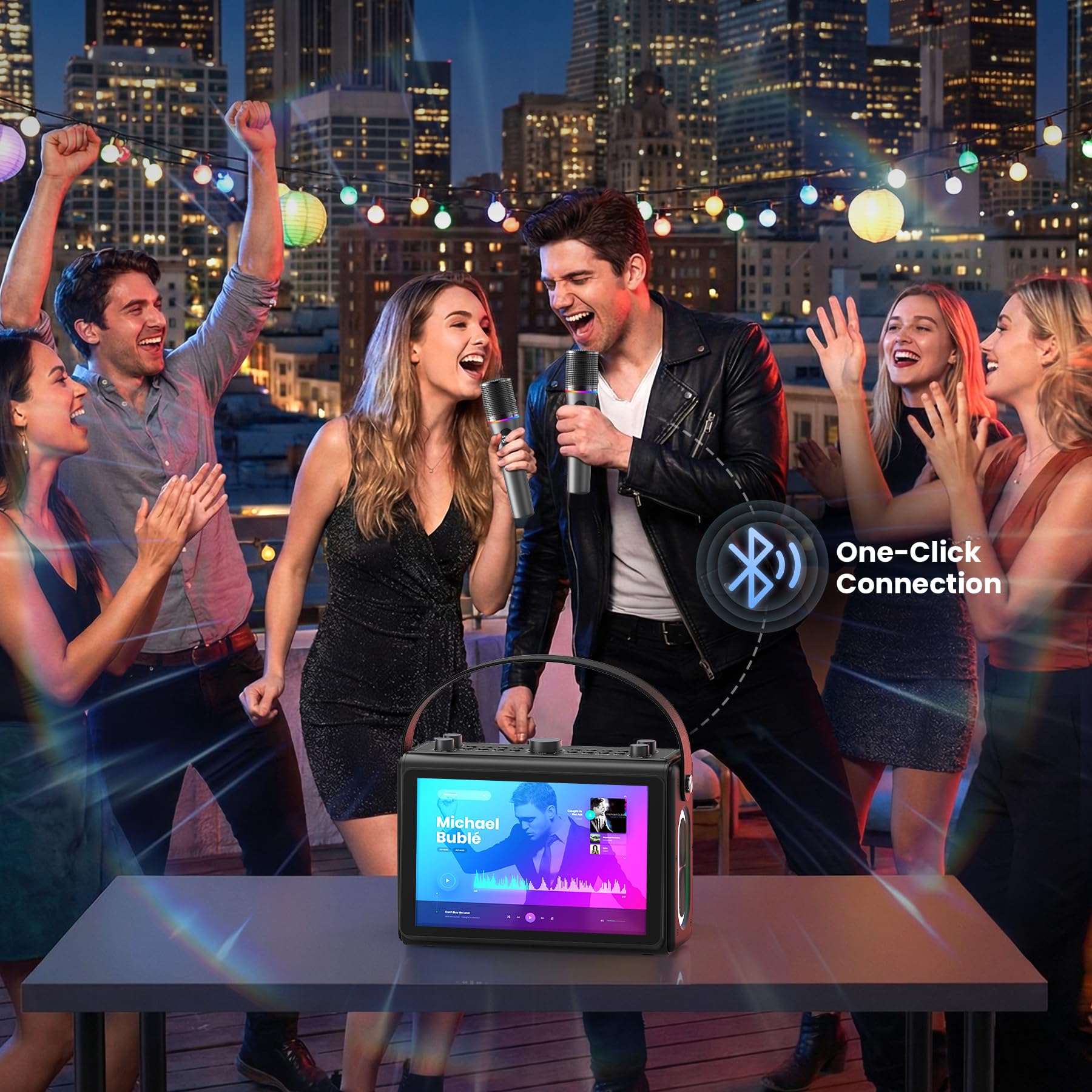 Máquina de karaoke para adultos, pantalla de letras HD integrada de 10.1 pulgadas, compatible con WiFi, Bluetooth, HDMI, USB y TF, reproductor de karaoke portátil con 2 micrófonos inalámbricos para
