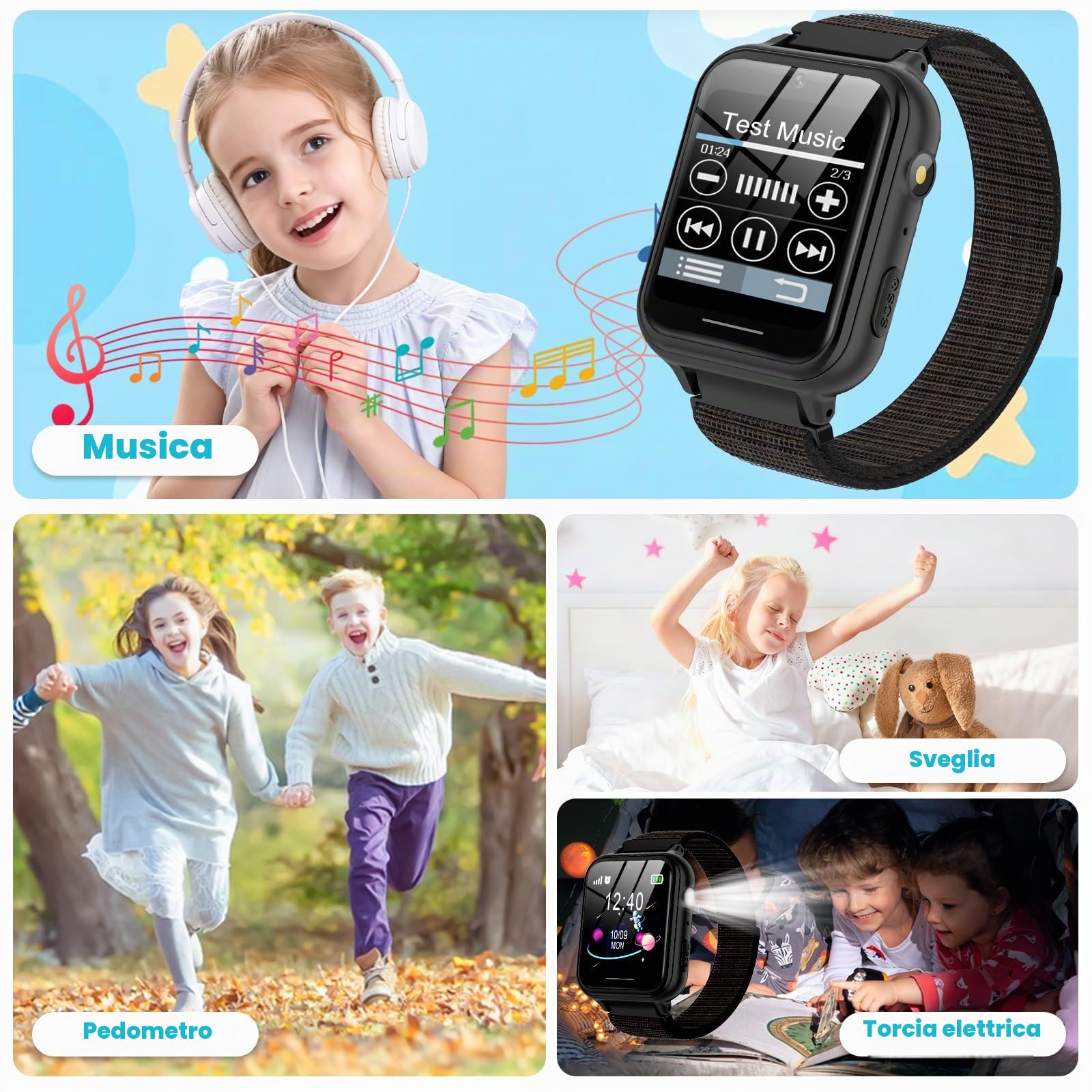 PTHTECHUS Smartwatch per Bambini, Telefono Smartwatch con Lettore Musicale Giochi SOS per Ragazzi e Ragazze Contapassi Fotocamera Orologio per Bambino 4-12 Anni Regalo, Nero