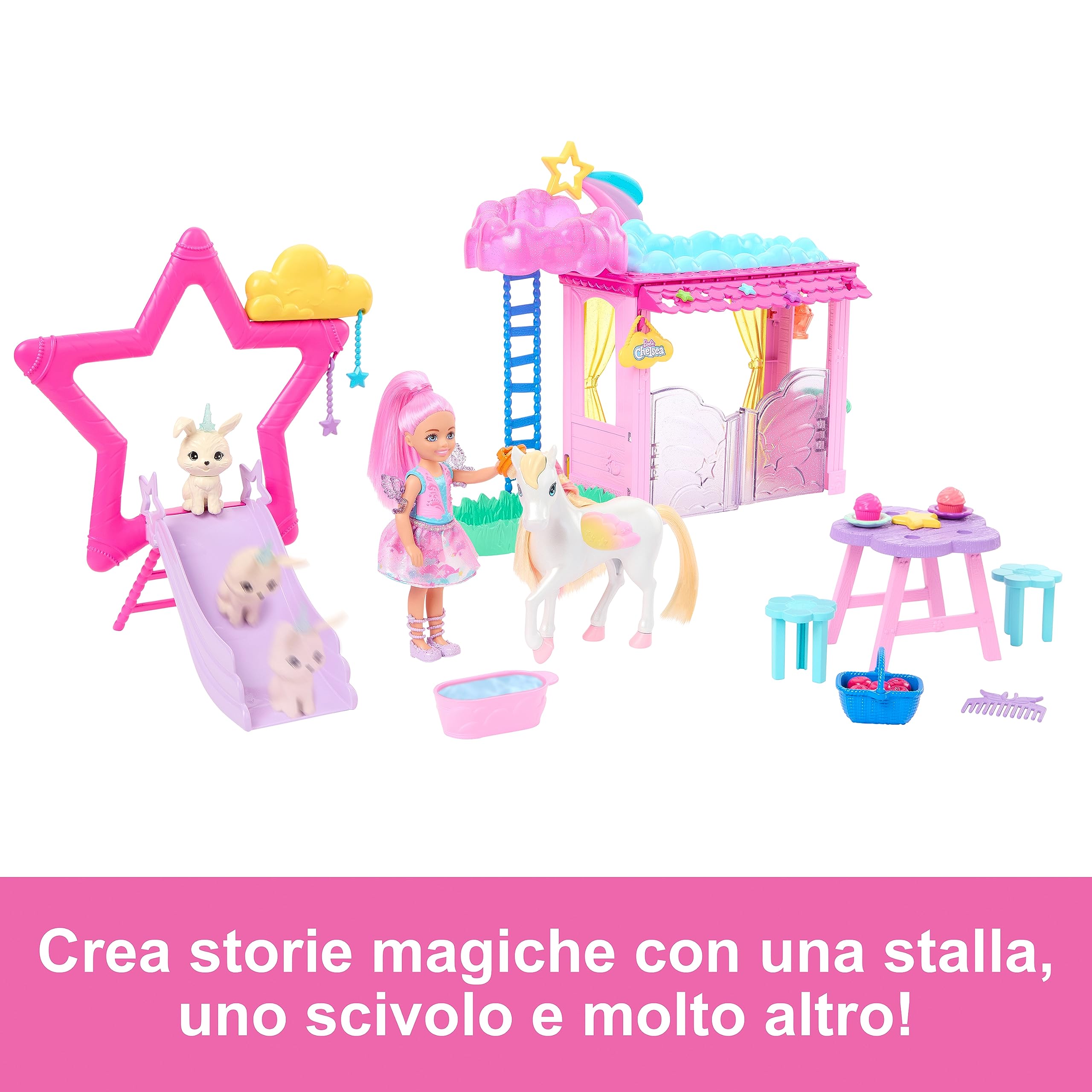 Barbie - Playset Chelsea Un Tocco di Magia, set con stalla, 1 bambola Chelsea, unicorno Pegaso, 1 coniglietto e tanti accessori, giocattolo per bambini, 3+ anni, HNT67