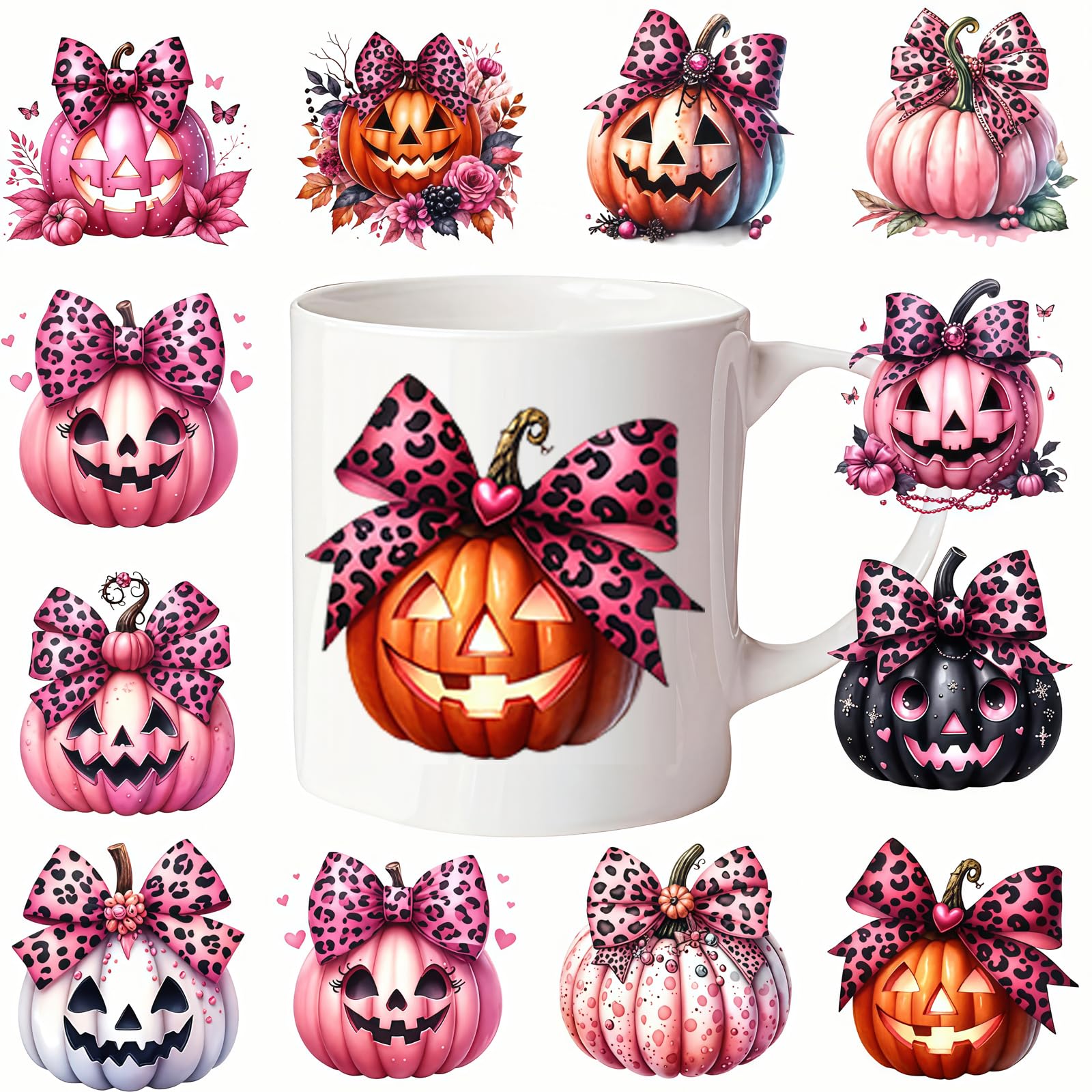 12pcs Halloween Pumpkin with Leopard Print Bow UV DTF Cup Wraps Transfer Sticker for Glass Cups Furniture Craft DIY Crafts，Rub on Transfer Stickers