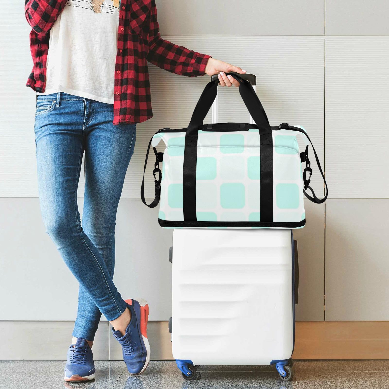Reisetasche mit Nassfach, verstellbarer Riemen, für Reisen, 2-teiliges Set, für Damen und Herren, Mintgrün